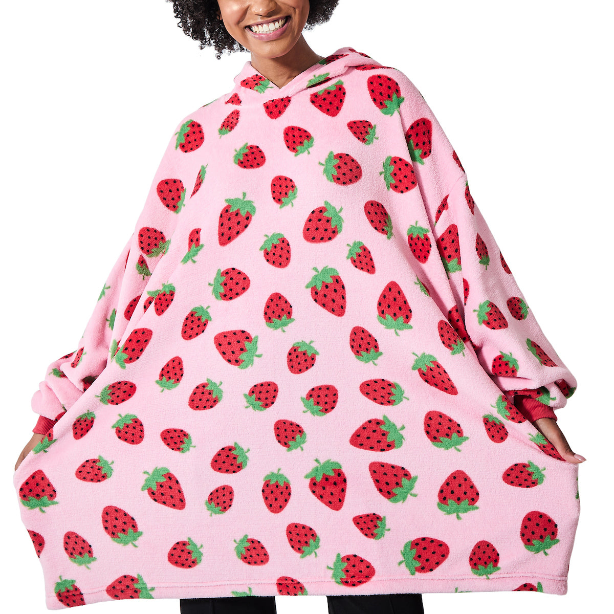 Strawberries All-Over Print Pink Long Sleeve Oversized Hoodie Wearable Blanket-OSFA
