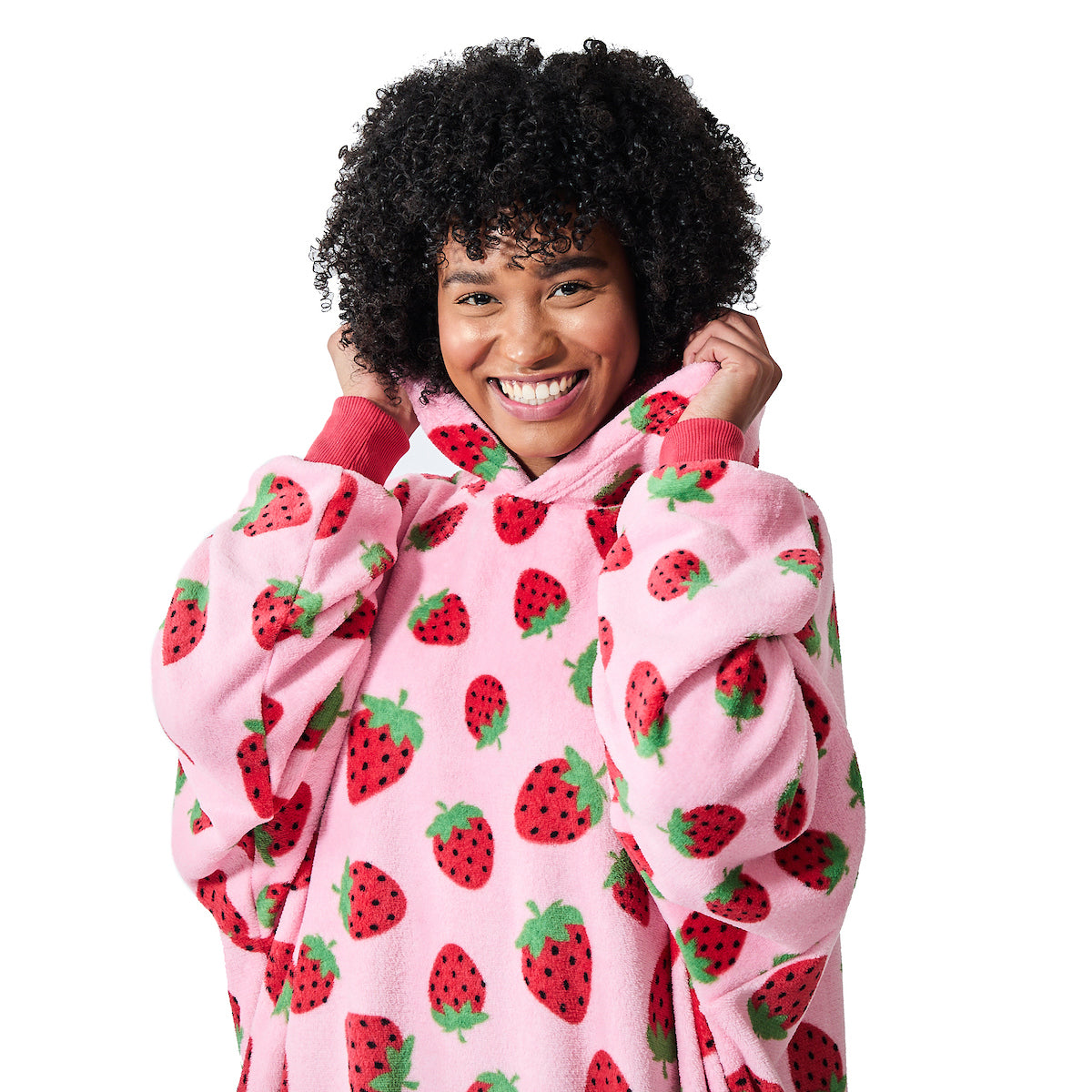 Strawberries All-Over Print Pink Long Sleeve Oversized Hoodie Wearable Blanket-OSFA