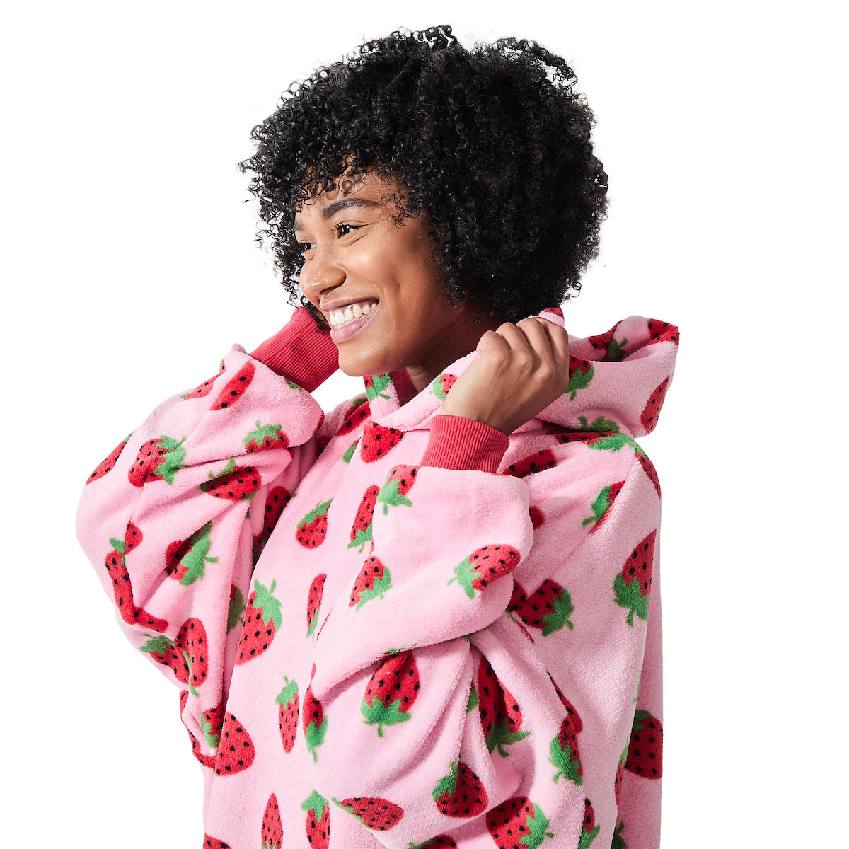 Strawberries All-Over Print Pink Long Sleeve Oversized Hoodie Wearable Blanket-OSFA