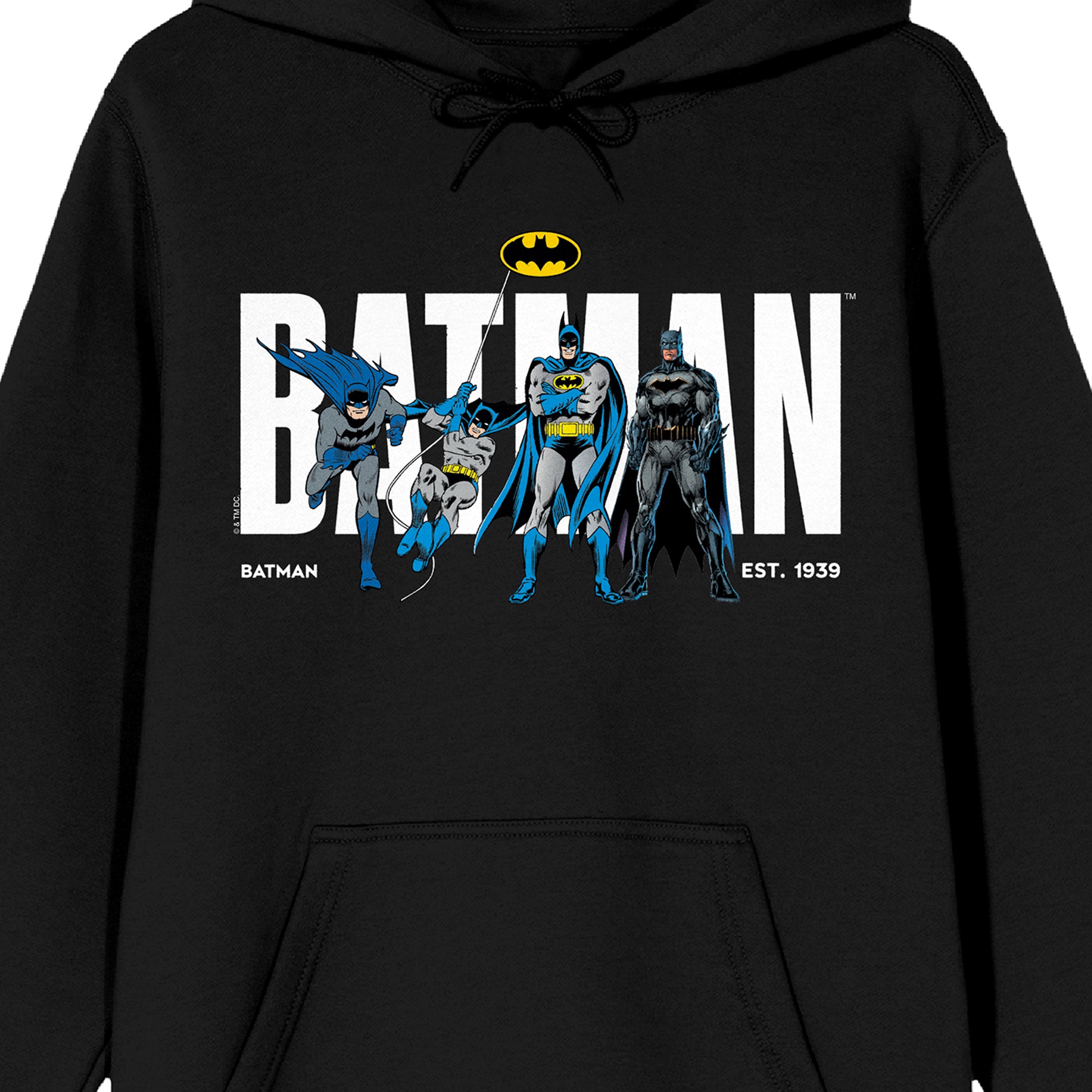 Batman 90th Anniversary Retro Character Poses Long Sleeve Adult Black Hooded Sweatshirt