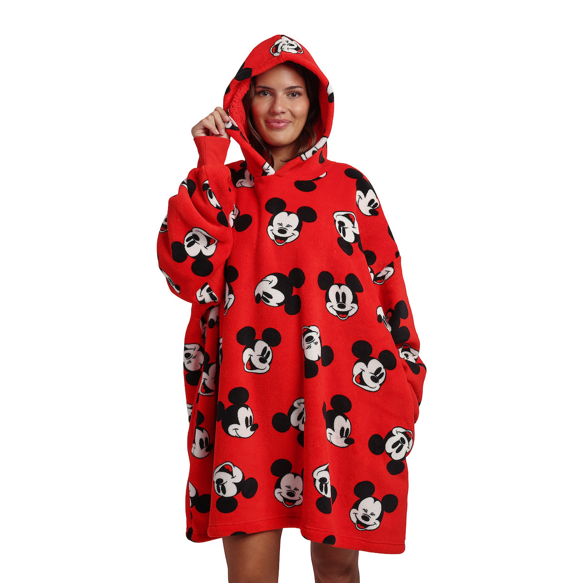 Disney Mickey Mouse Character Faces Adult Red Long Sleeve Hooded Blanket