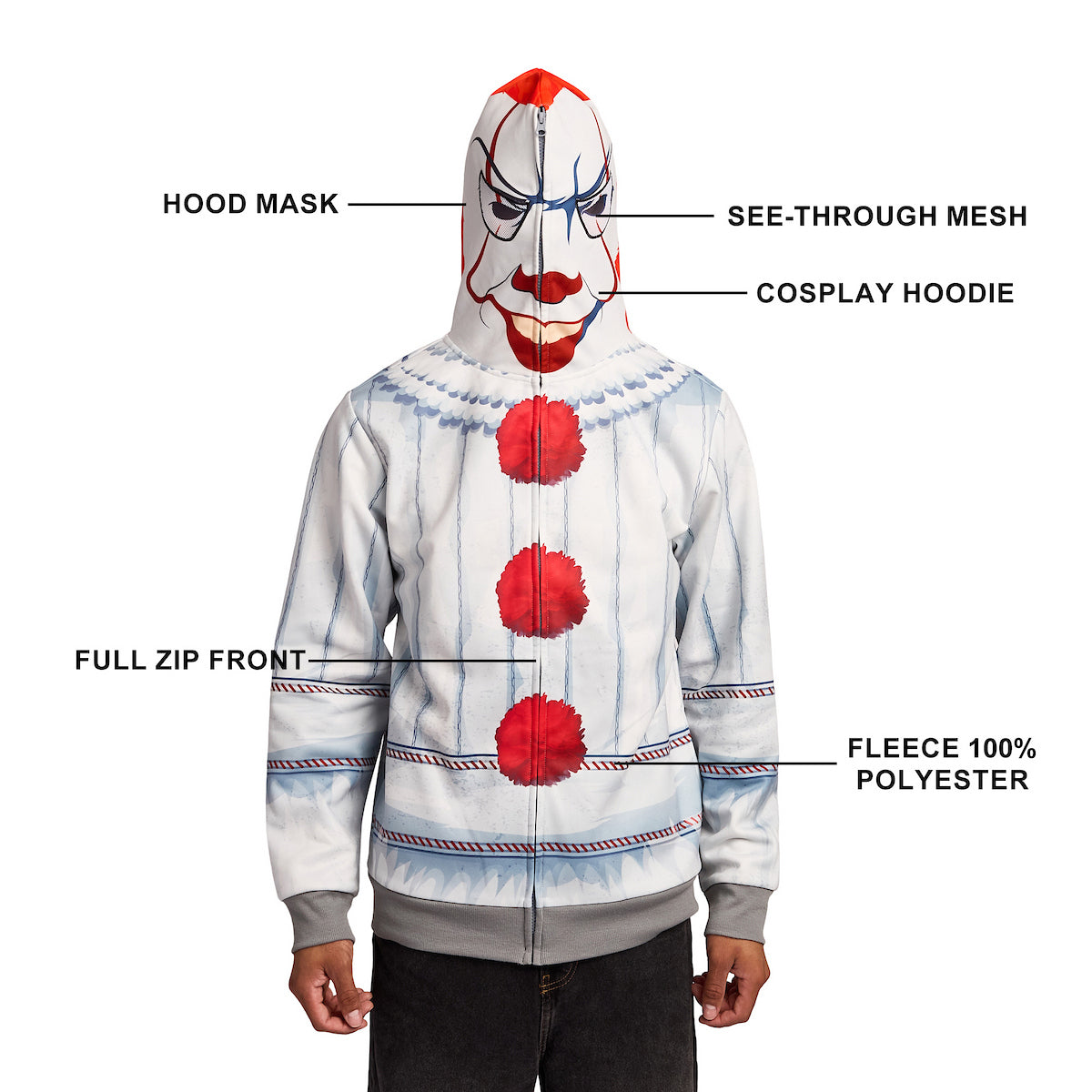 IT Pennywise Men's Long Sleeve Cosplay Zip Hoodie