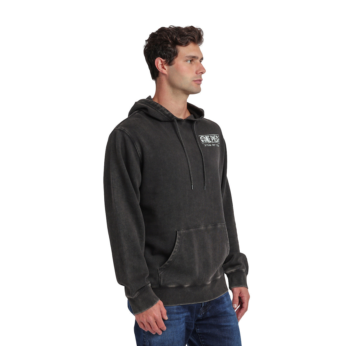One Piece Animated Series Oversized Character Art Men's Black Mineral Wash Long Sleeve Hooded Sweatshirt