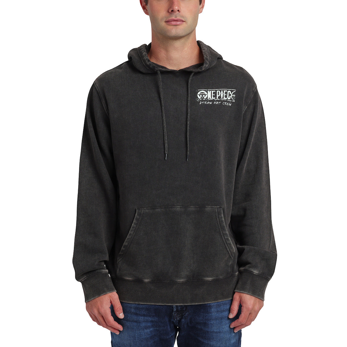 One Piece Animated Series Oversized Character Art Men's Black Mineral Wash Long Sleeve Hooded Sweatshirt