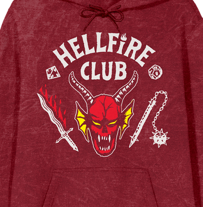 Stranger Things Hellfire Club Men’s Red Mineral Wash Long Sleeve Hooded Sweatshirt