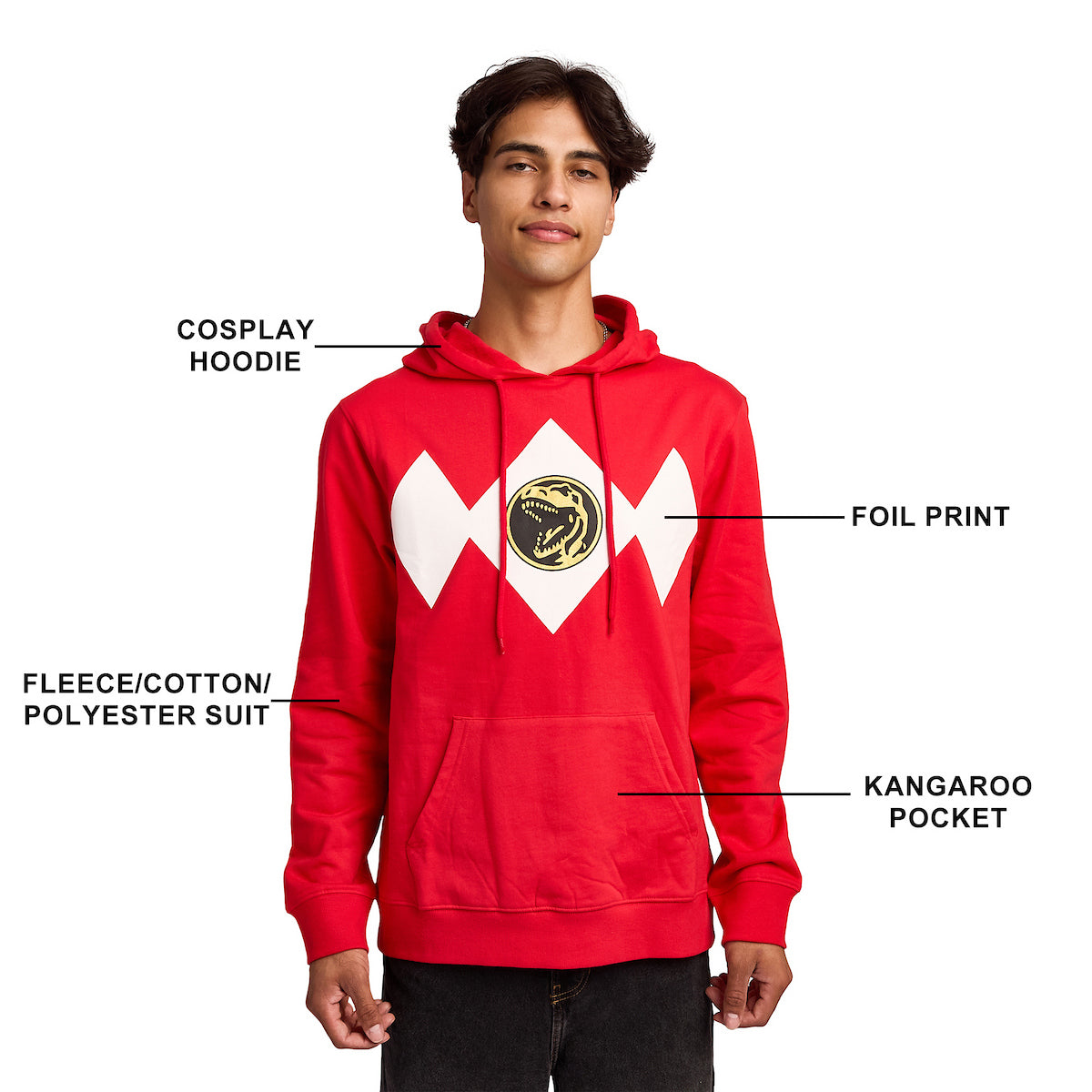 Power Rangers Red Ranger Dino Men's Red Long Sleeve Hooded Sweatshirt