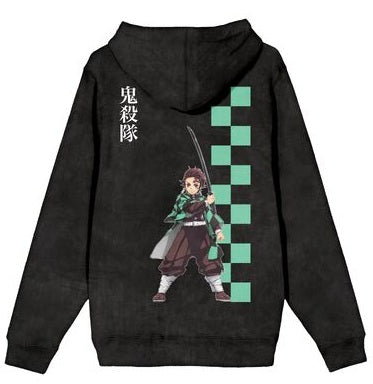 Demon Slayer Tanjiro Checkered Pattern Men's Black Mineral Wash Long Sleeve Hooded Sweatshirt
