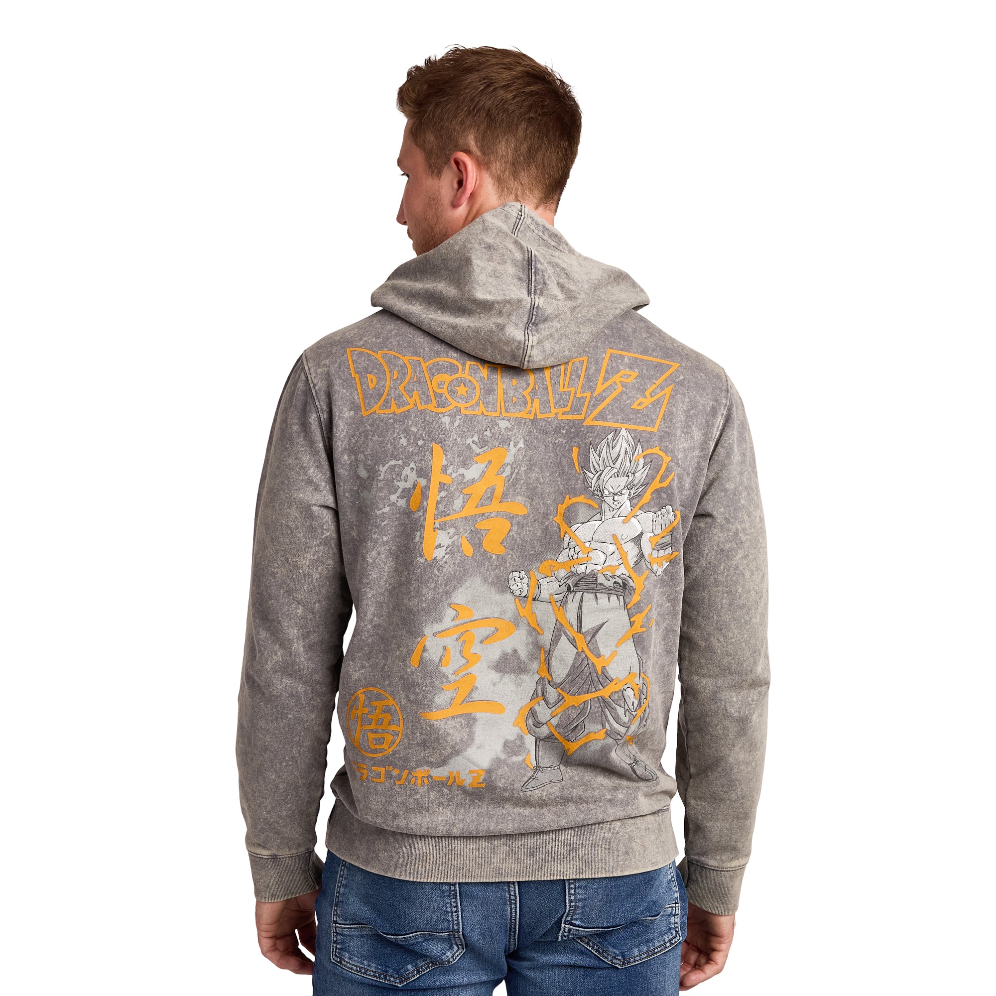 Dragon Ball Z Super Saiyan Goku & Kanji Men's Gray Mineral Wash Long Sleeve Hooded Sweatshirt
