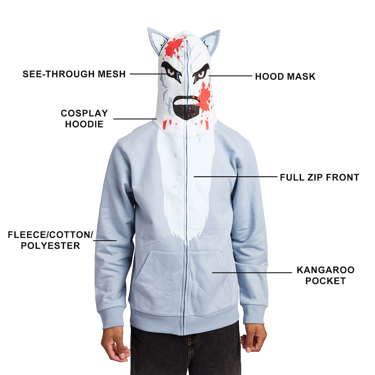 Blood-Splattered Wolf Men's Long Sleeve Cosplay Zip Hoodie