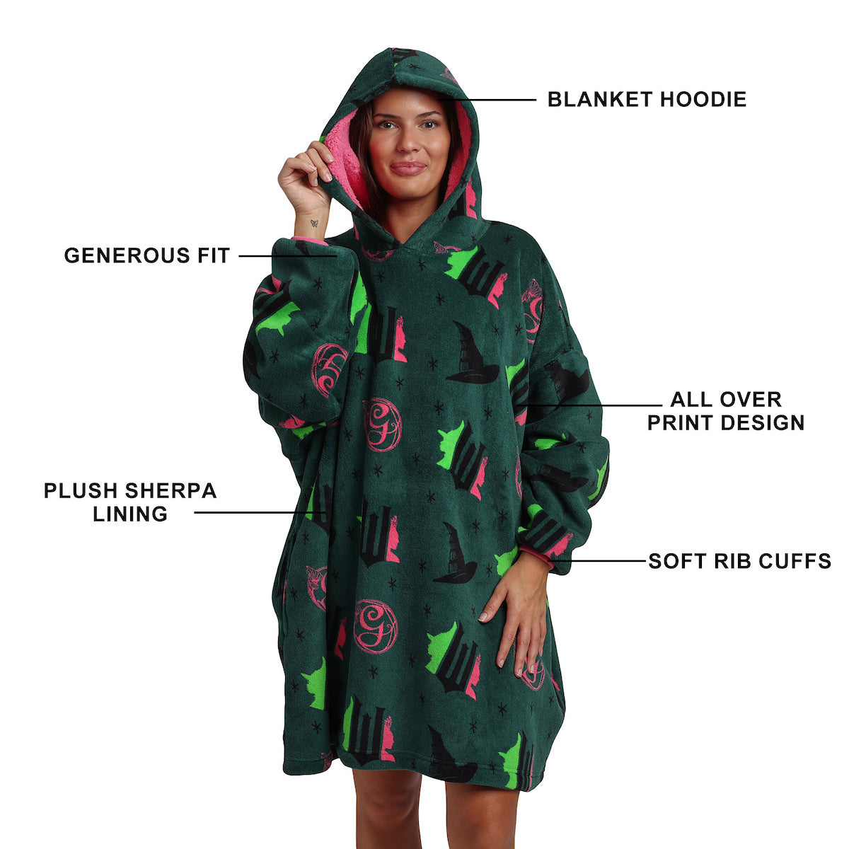 Wicked Part 1 Witch & Glinda Seal All-Over Print Adult Green Long Sleeve Comfy Hooded Blanket