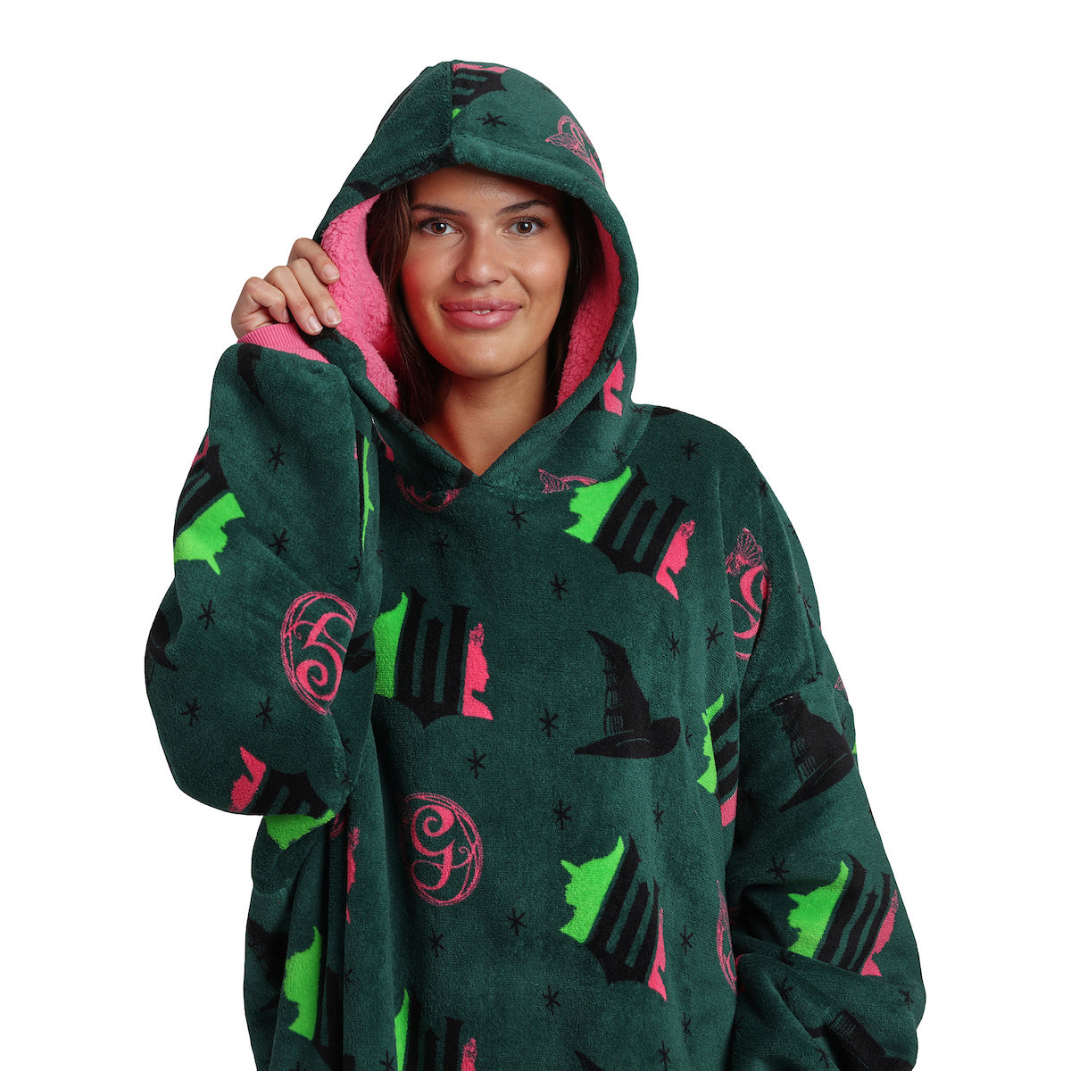 Wicked Part 1 Witch & Glinda Seal All-Over Print Adult Green Long Sleeve Comfy Hooded Blanket