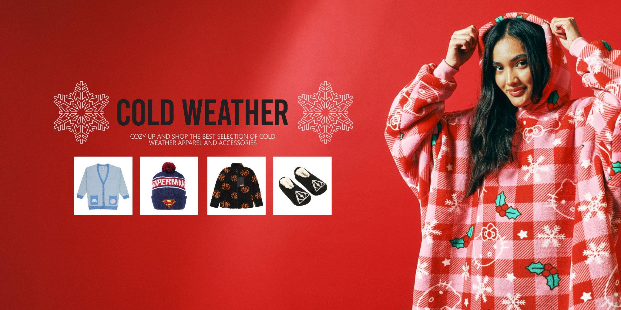 Promotional banner for cold weather clothing and accessories with a model wearing a red hoodie.