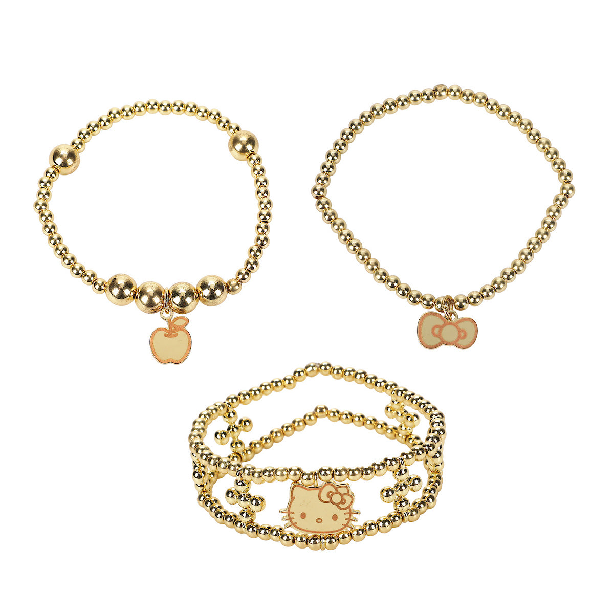 Hello Kitty Face Apple & Bow 3-Pack Golden Bracelet Set