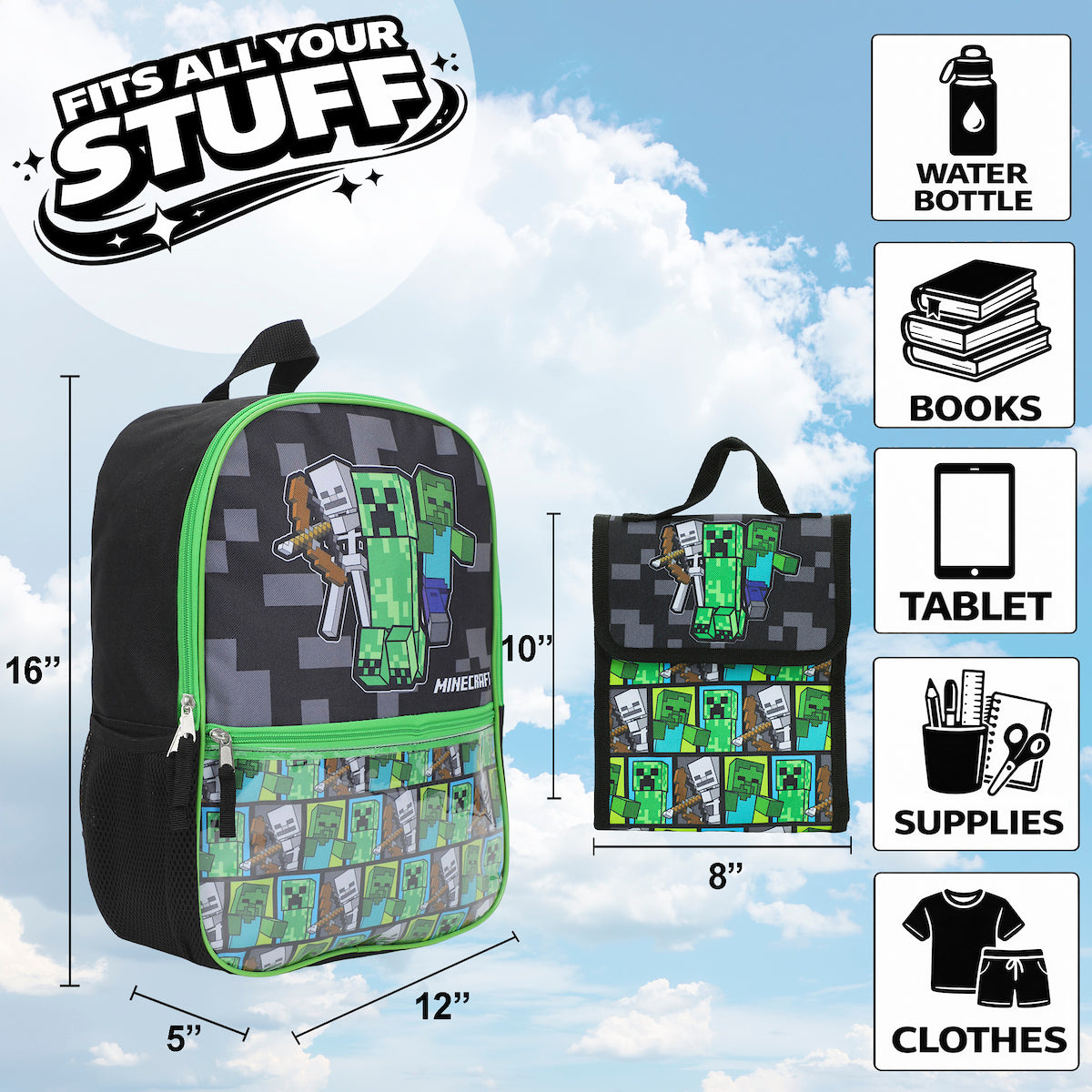 Minecraft Backpack Set with Lunch Box for Boys & Girls 16 inch 5 Piece Value Set