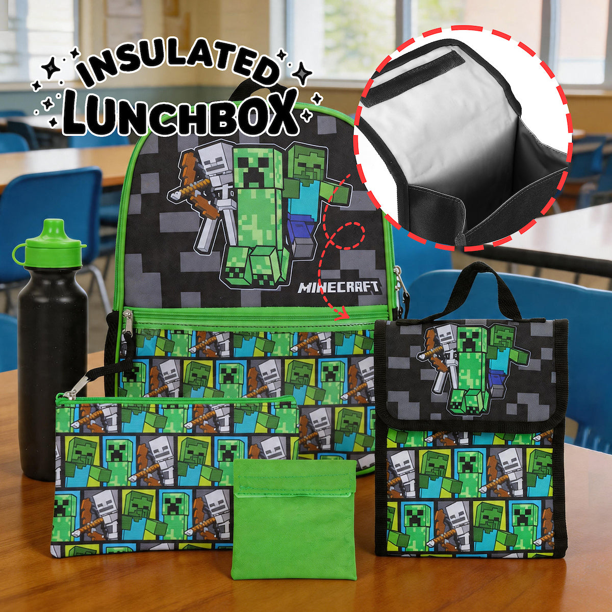 Minecraft Backpack Set with Lunch Box for Boys & Girls 16 inch 5 Piece Value Set