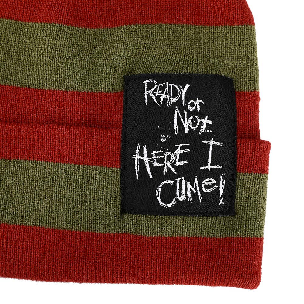 Nightmare On Elm Street Ready Or Not Here I Come Woven Label Striped Cuffed Beanie