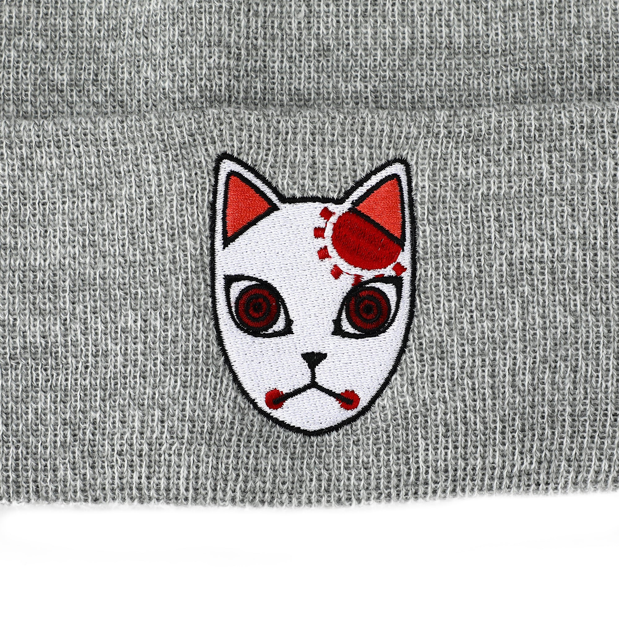 Demon Slayer Tanjiro Fox Mask Athletic Heather Skull Knitted Embroidered Cuffed Winter Beanie