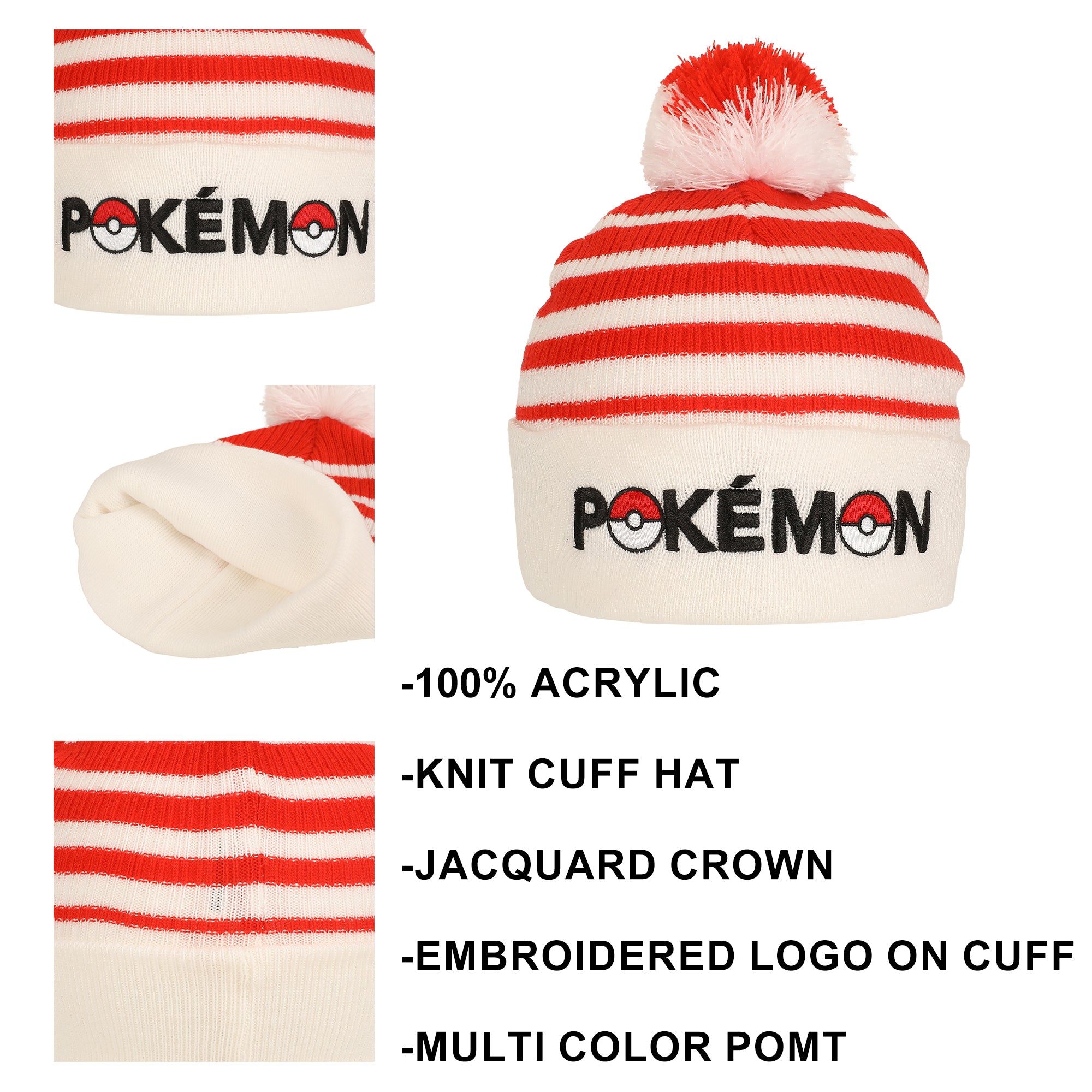 Pokemon Pokeball Plush Pom Red And White Stripes Cuff Beanie