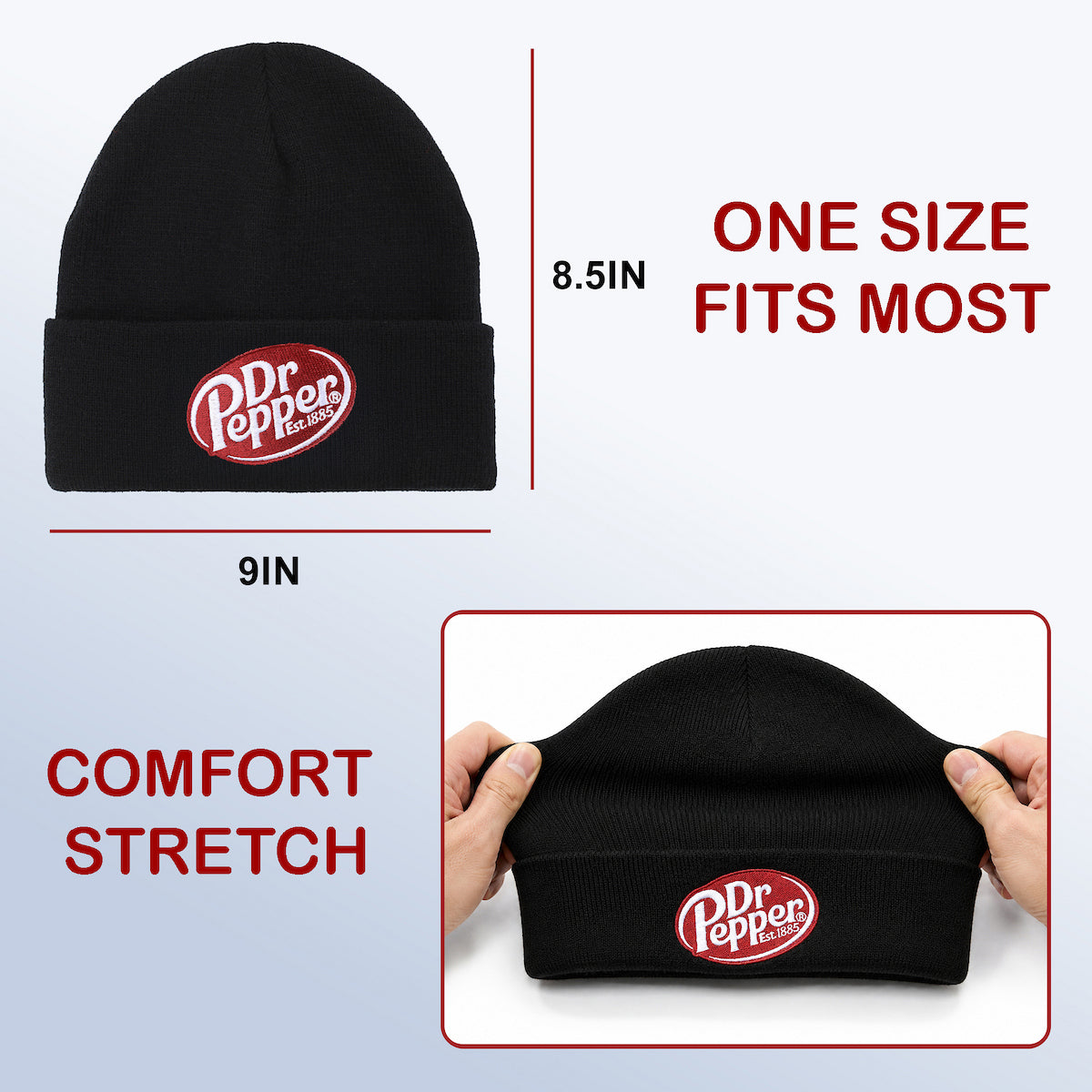 Dr Pepper Embroidered Black Knit Cuff Beanie for Adults