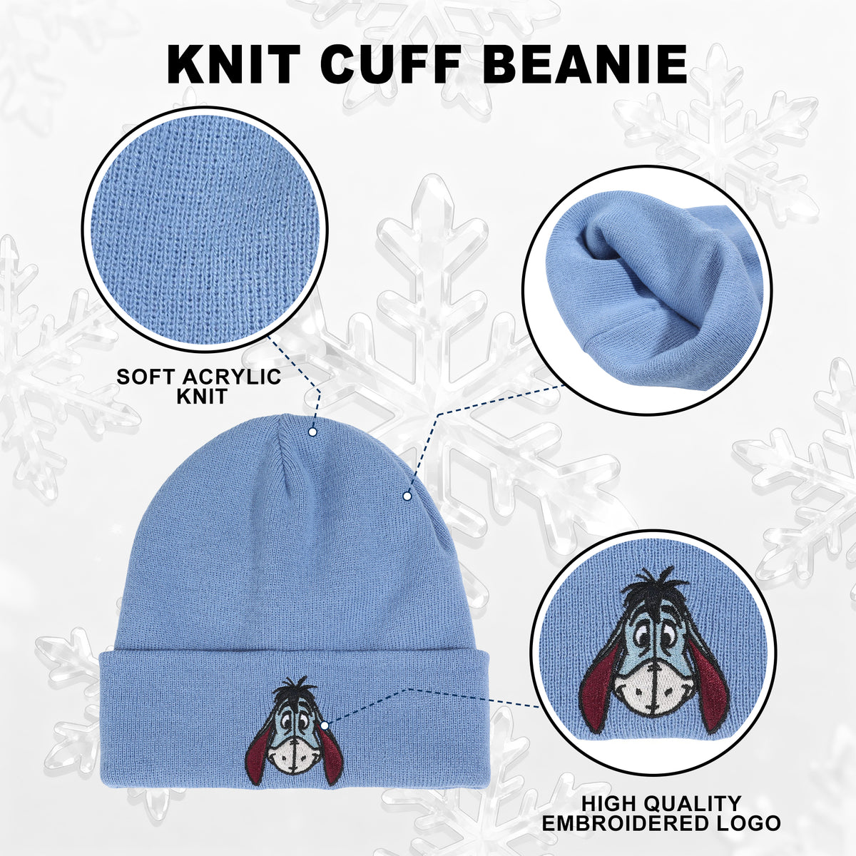 Winnie The Pooh Eeyore Embroidery Blue Knit Beanie Cap