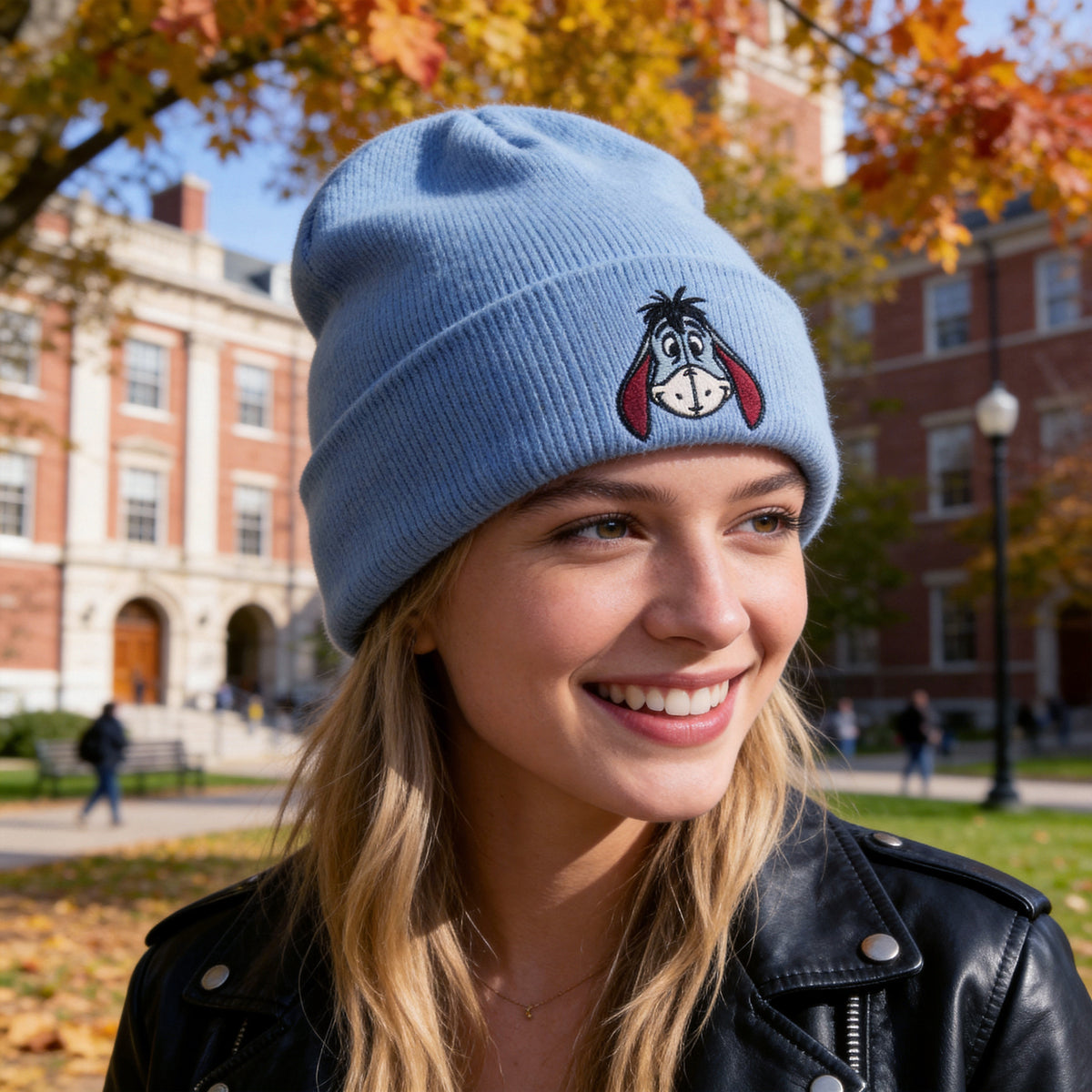 Winnie The Pooh Eeyore Embroidery Blue Knit Beanie Cap