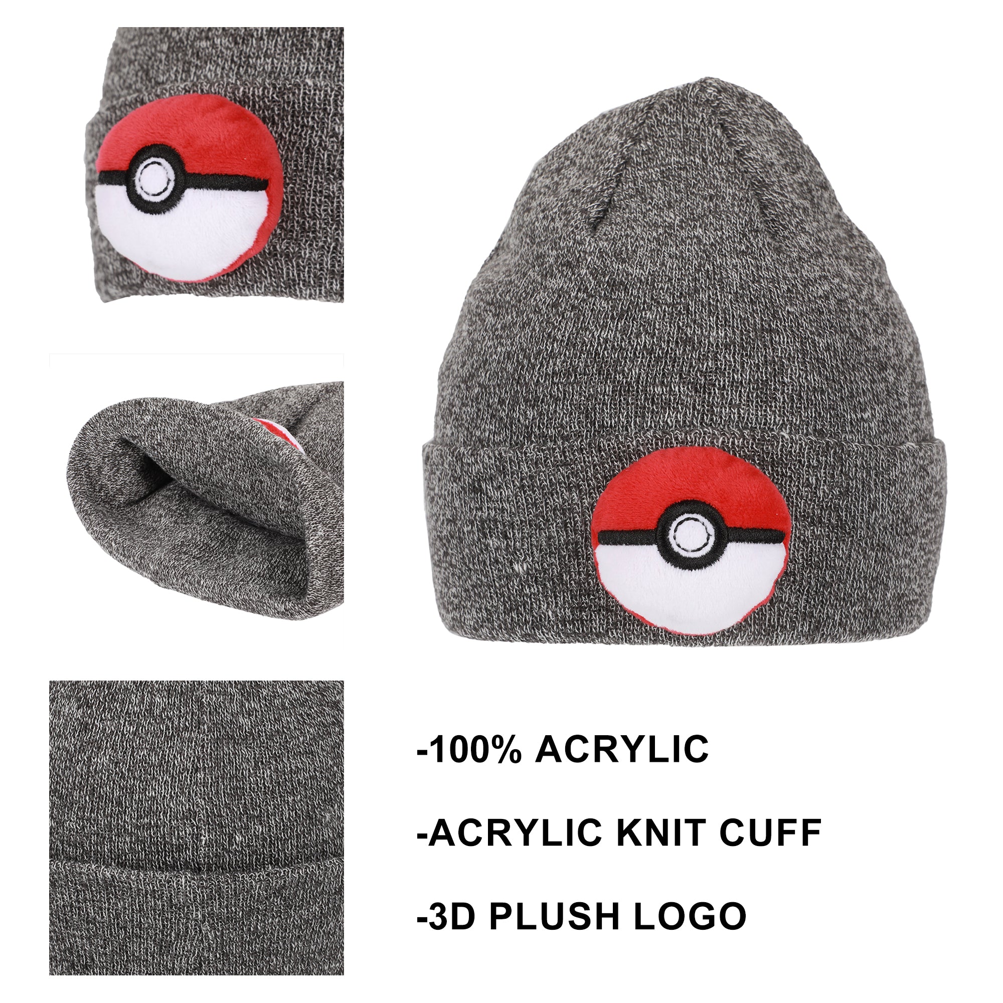 Pokemon 3D Plush Pokeball Youth Gray Cuff Beanie