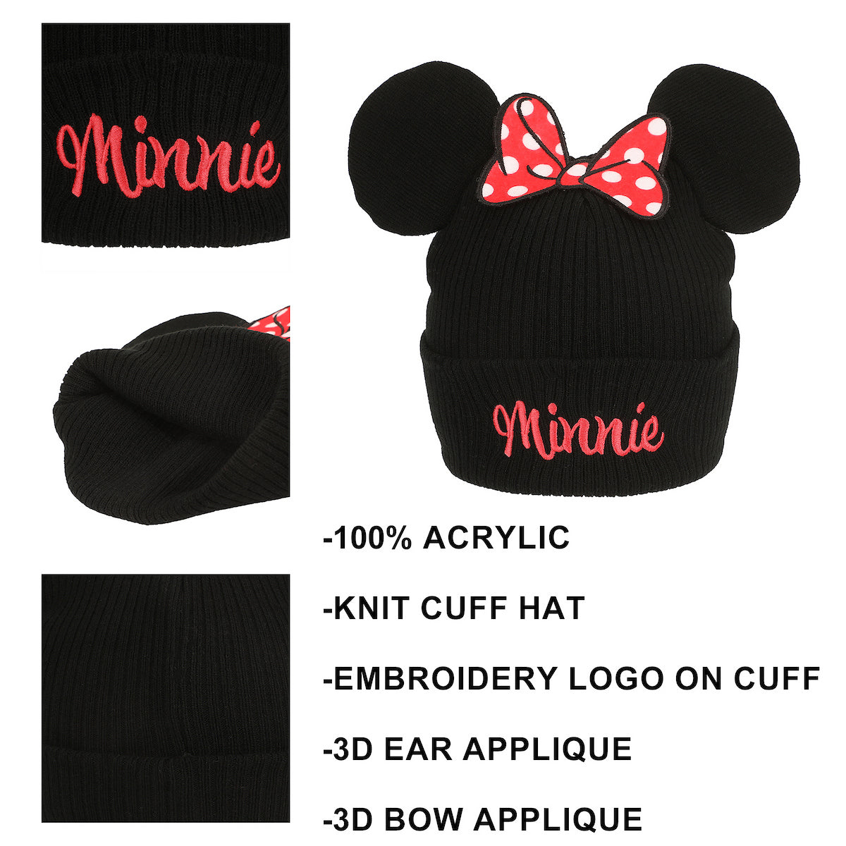 Minnie Mouse Bow With Ear Poms Cuff Beanie