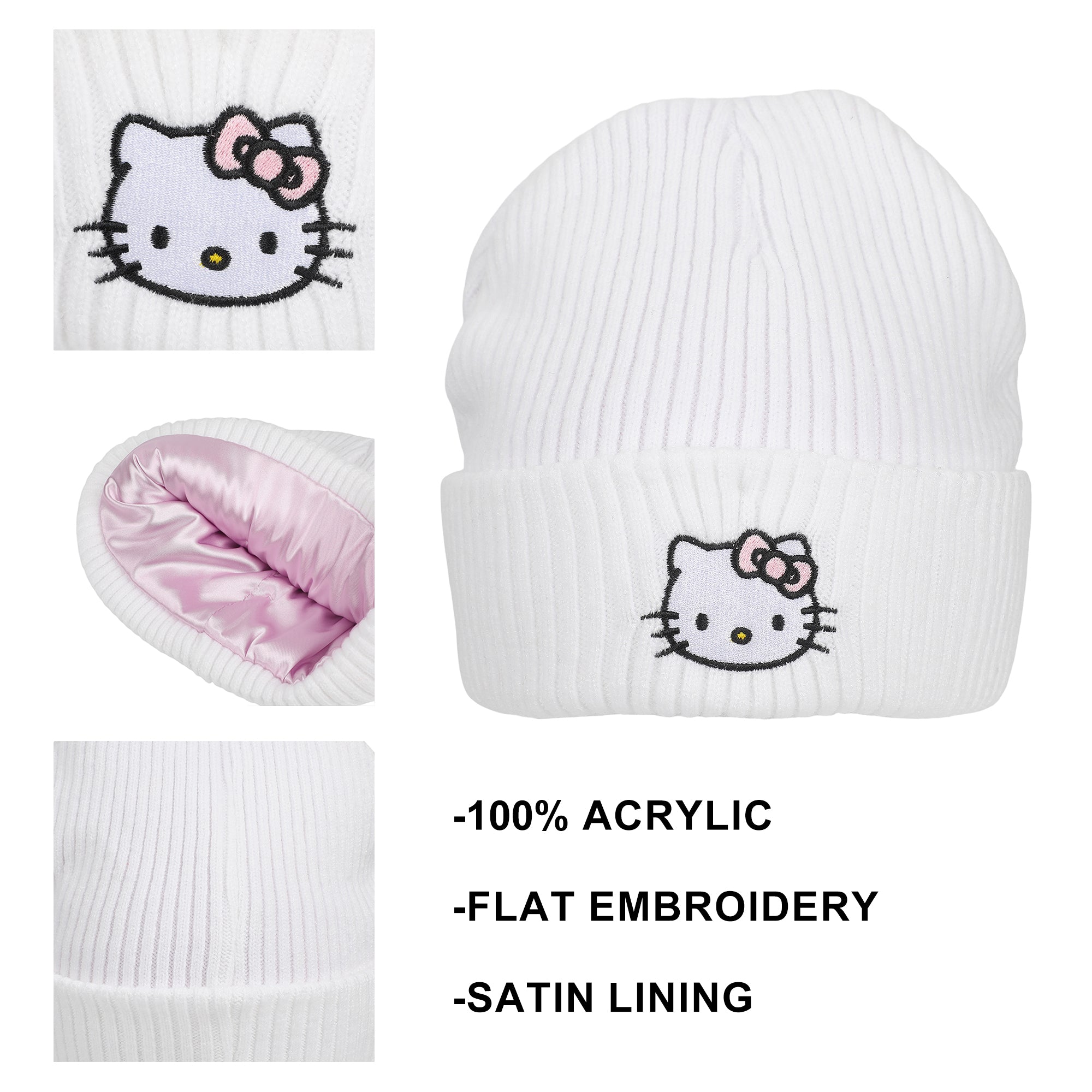 Hello Kitty Ribbed Knit Embroidered Character On White Satin Lined Cuff Beanie