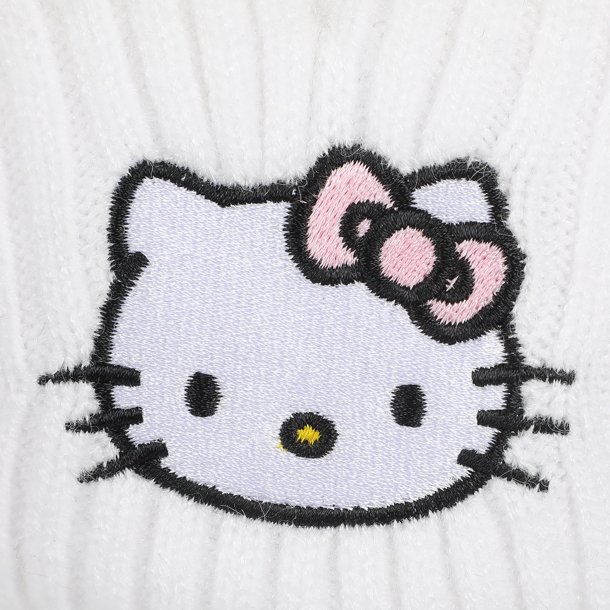 Hello Kitty Ribbed Knit Embroidered Character On White Satin Lined Cuff Beanie
