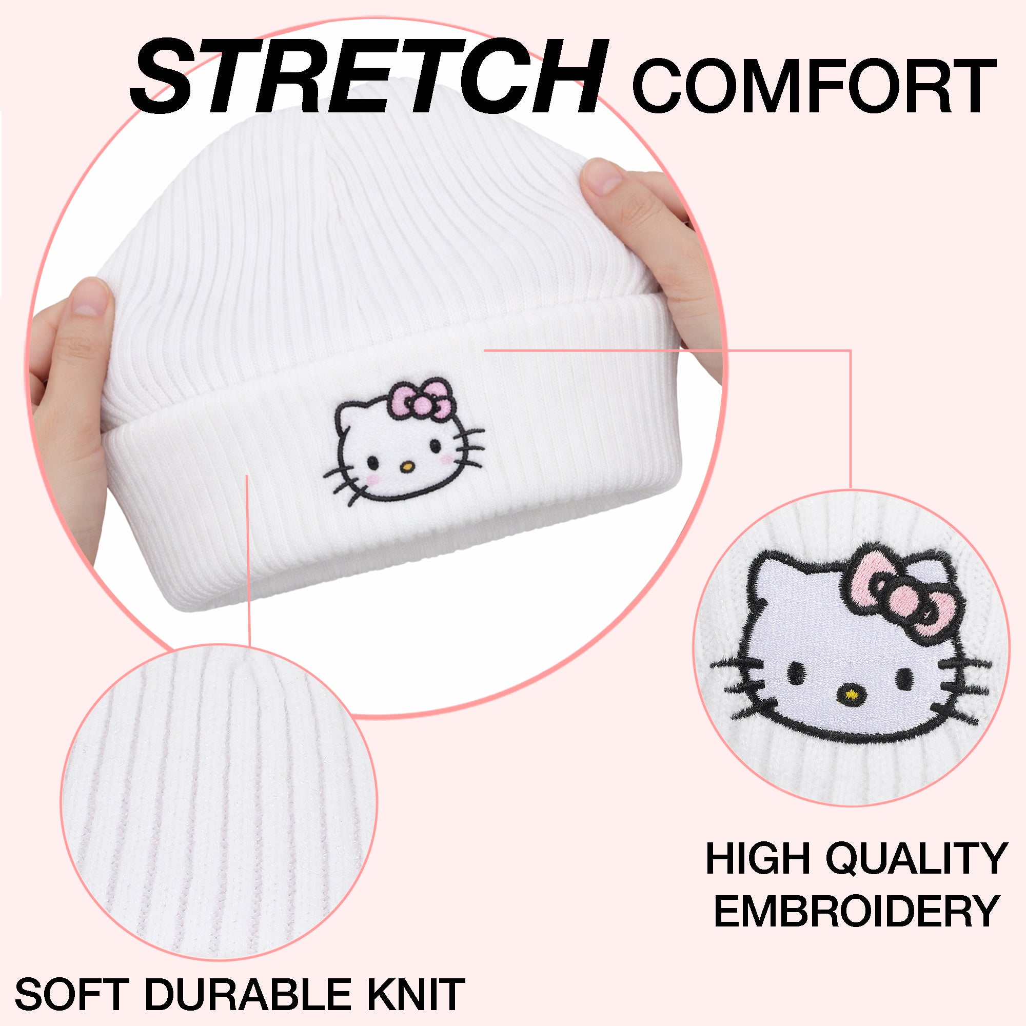 Hello Kitty Ribbed Knit Embroidered Character On White Satin Lined Cuff Beanie