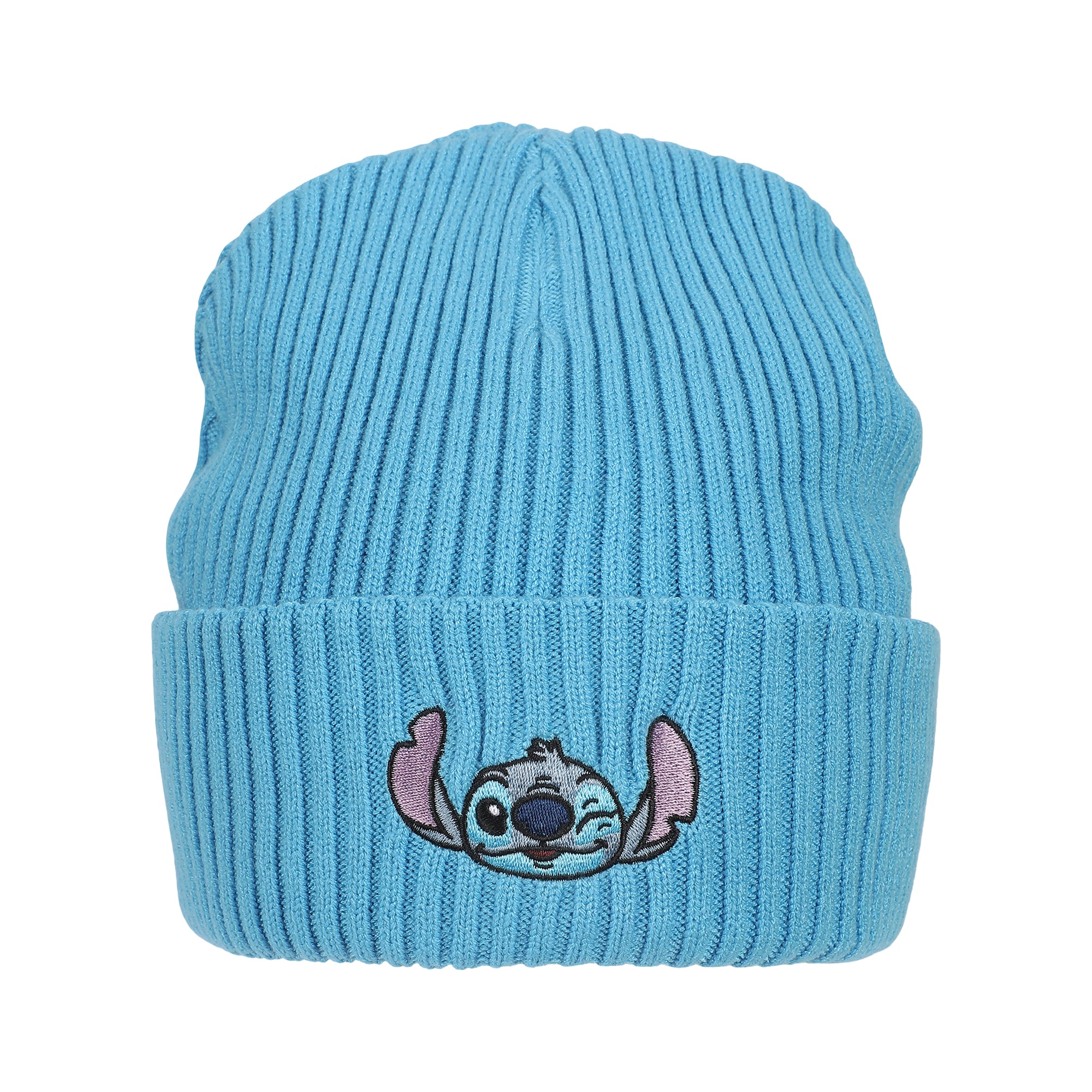 Lilo & Stitch Ribbed Knit, Embroidered Stitch On Blue Satin Lined Cuff Beanie