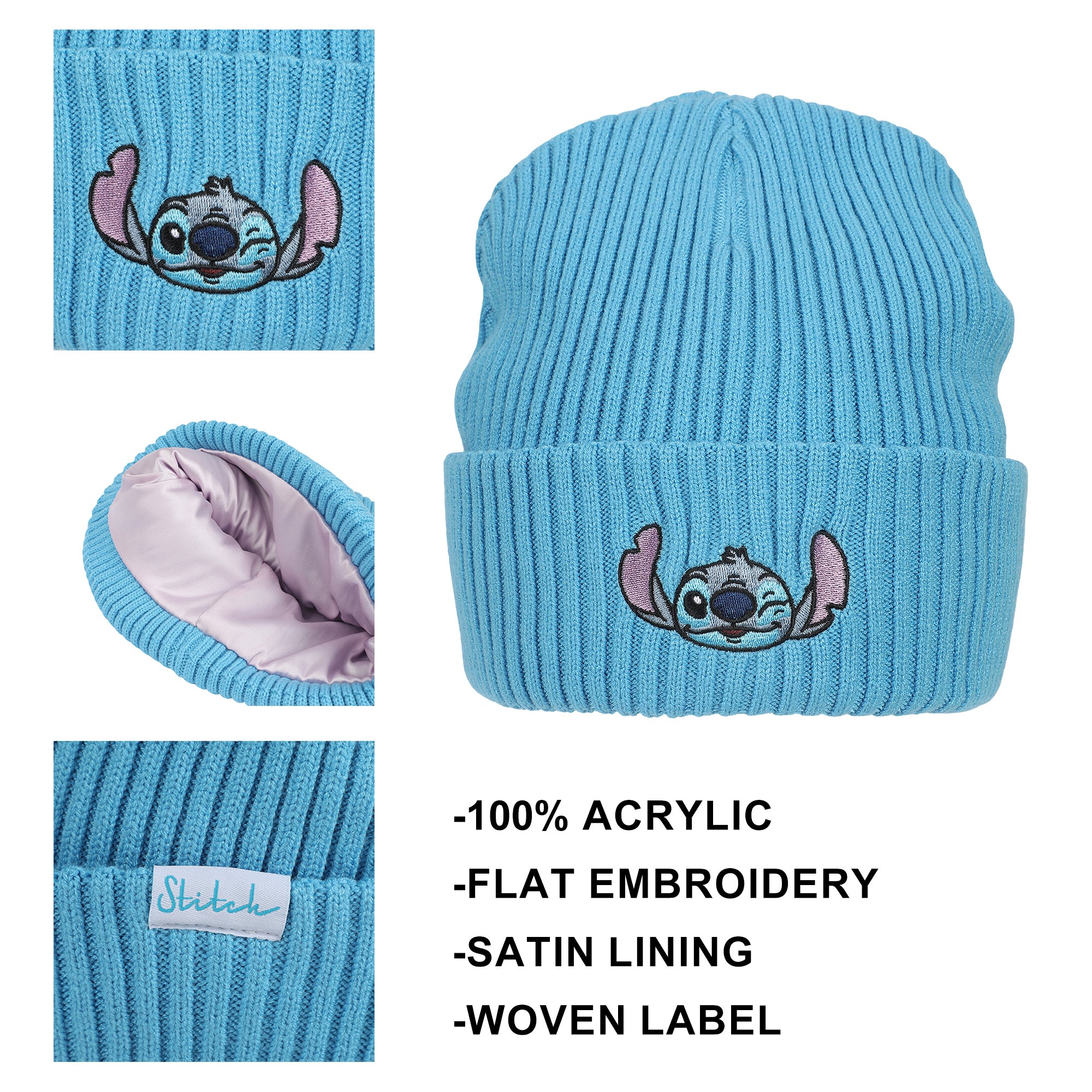 Lilo & Stitch Ribbed Knit, Embroidered Stitch On Blue Satin Lined Cuff Beanie
