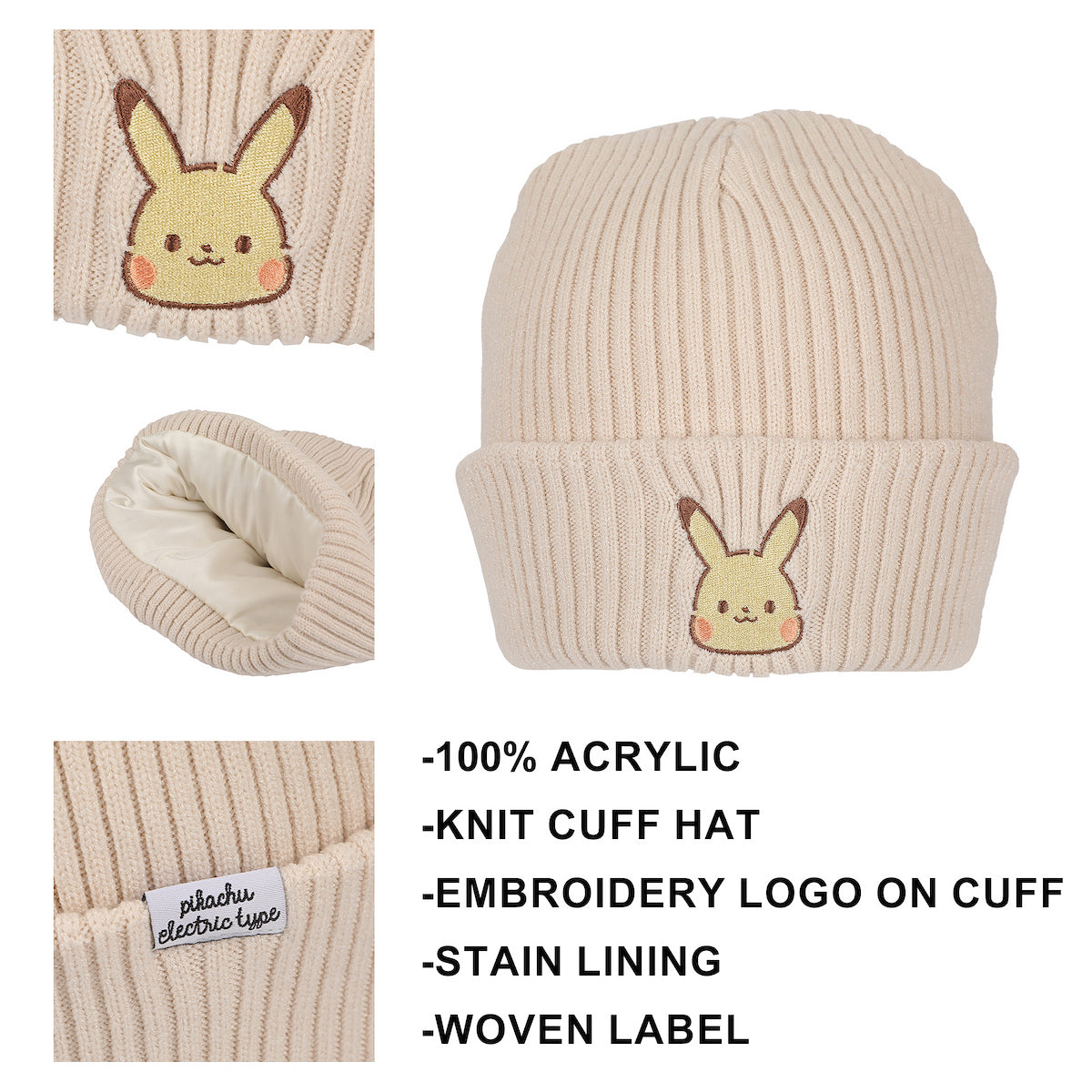 Pokemon Ribbed Knit, Embroidered Pikachu On Natural Satin Lined Cuff Beanie
