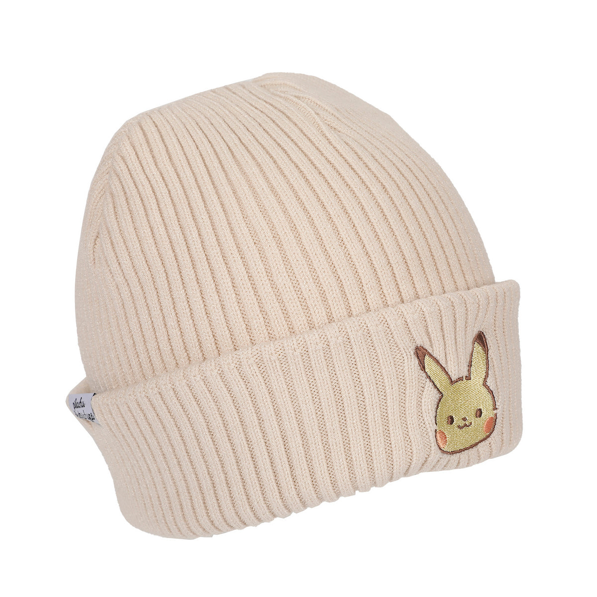 Pokemon Ribbed Knit, Embroidered Pikachu On Natural Satin Lined Cuff Beanie