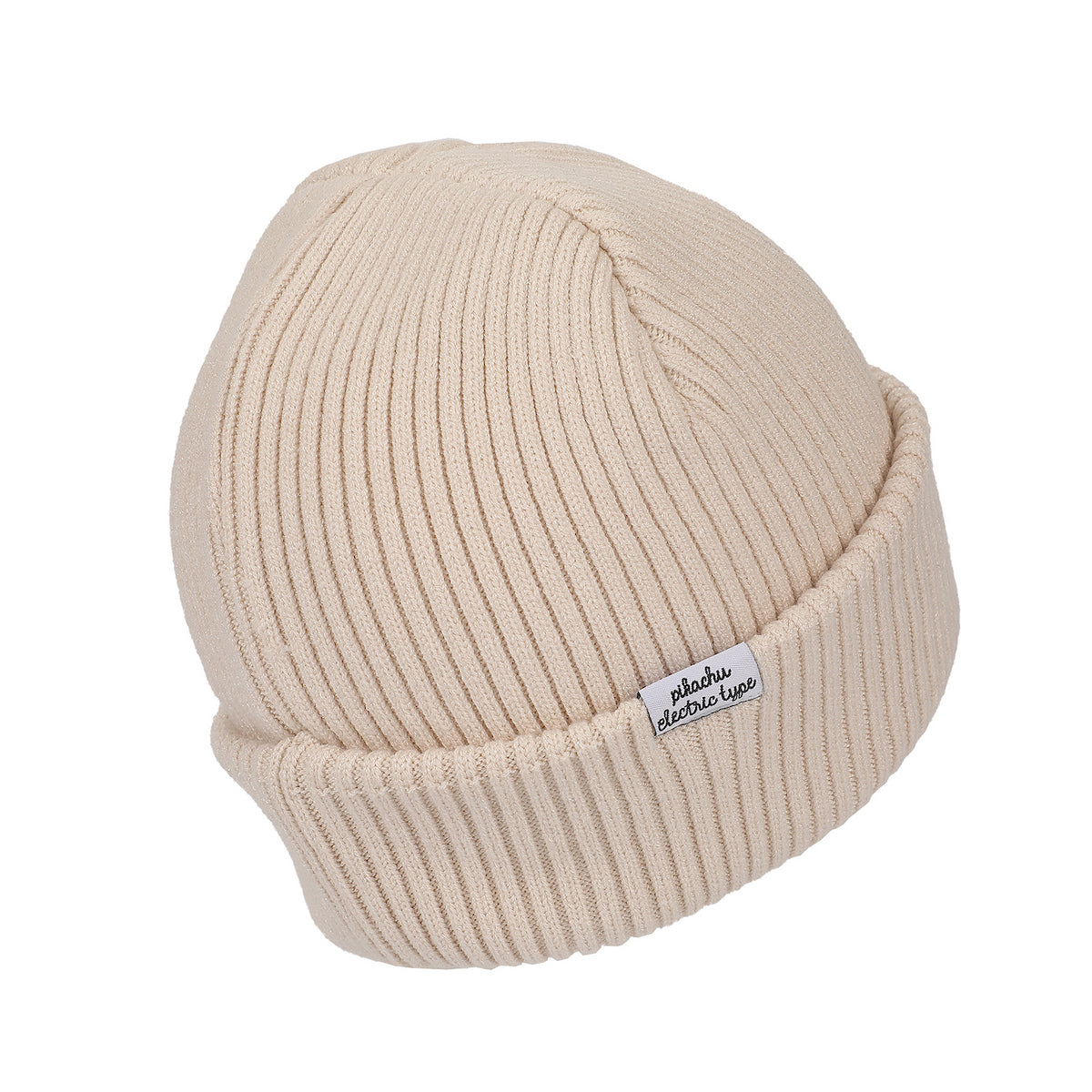 Pokemon Ribbed Knit, Embroidered Pikachu On Natural Satin Lined Cuff Beanie