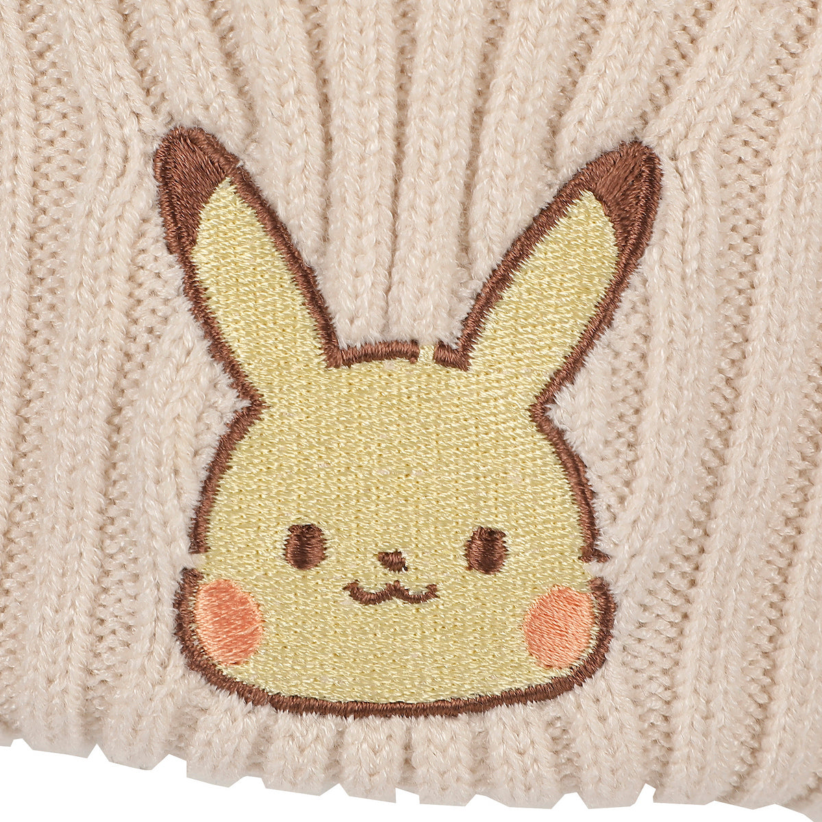 Pokemon Ribbed Knit, Embroidered Pikachu On Natural Satin Lined Cuff Beanie
