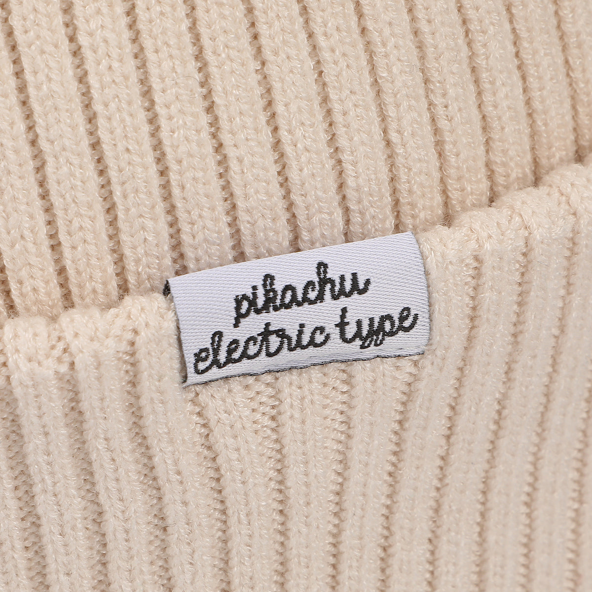 Pokemon Ribbed Knit, Embroidered Pikachu On Natural Satin Lined Cuff Beanie