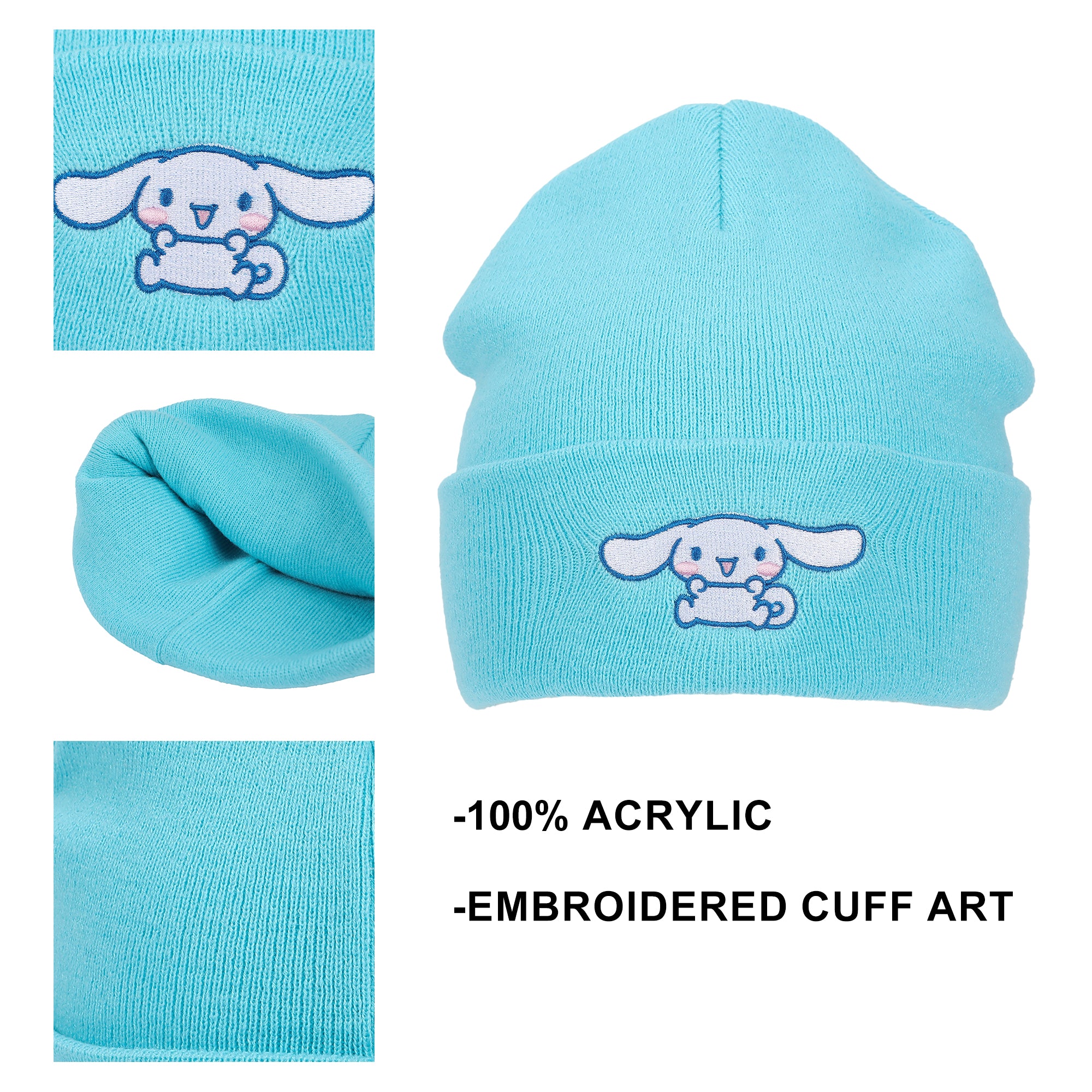 Cinnamoroll Ribbed Knit, Embroidered Character On Blue Cuff Beanie