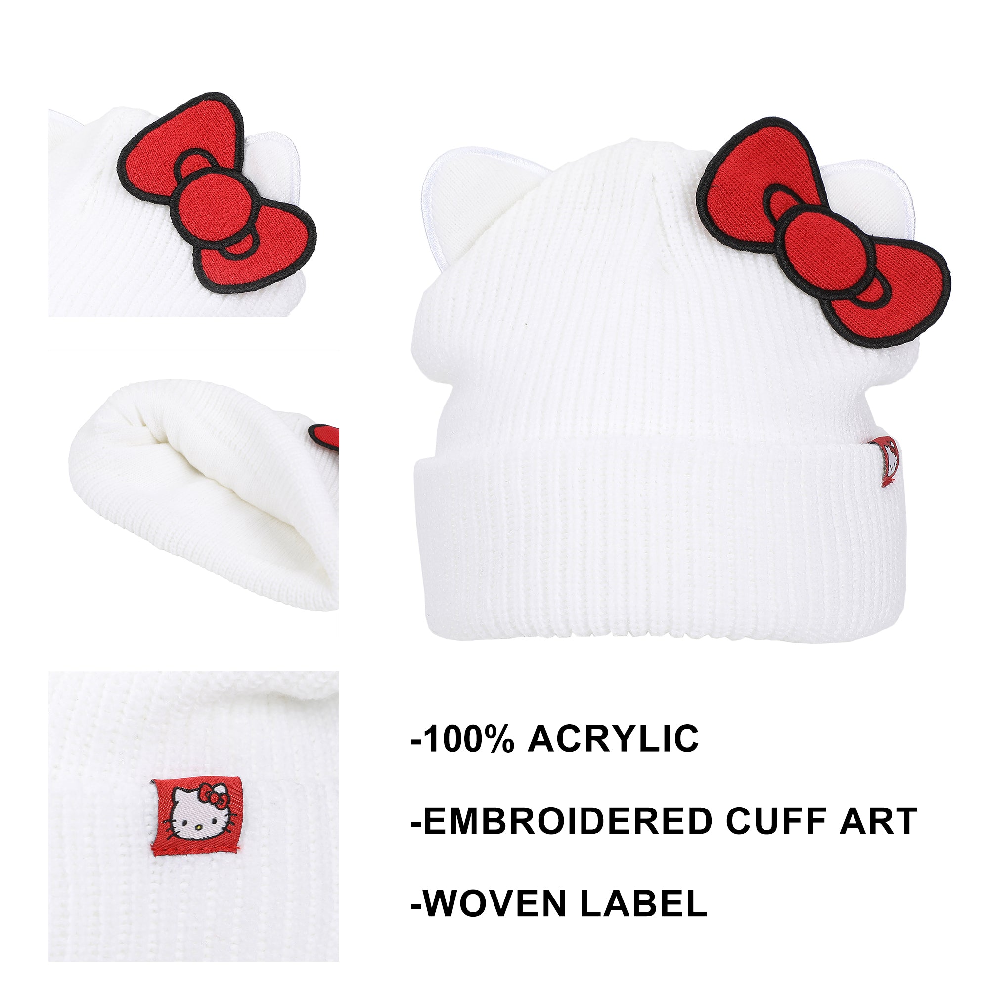 Hello Kitty Novelty Ear White Acrylic Beanie With Cut Fabric Bow With Embroidery And Red Woven Label Cuff Beanie