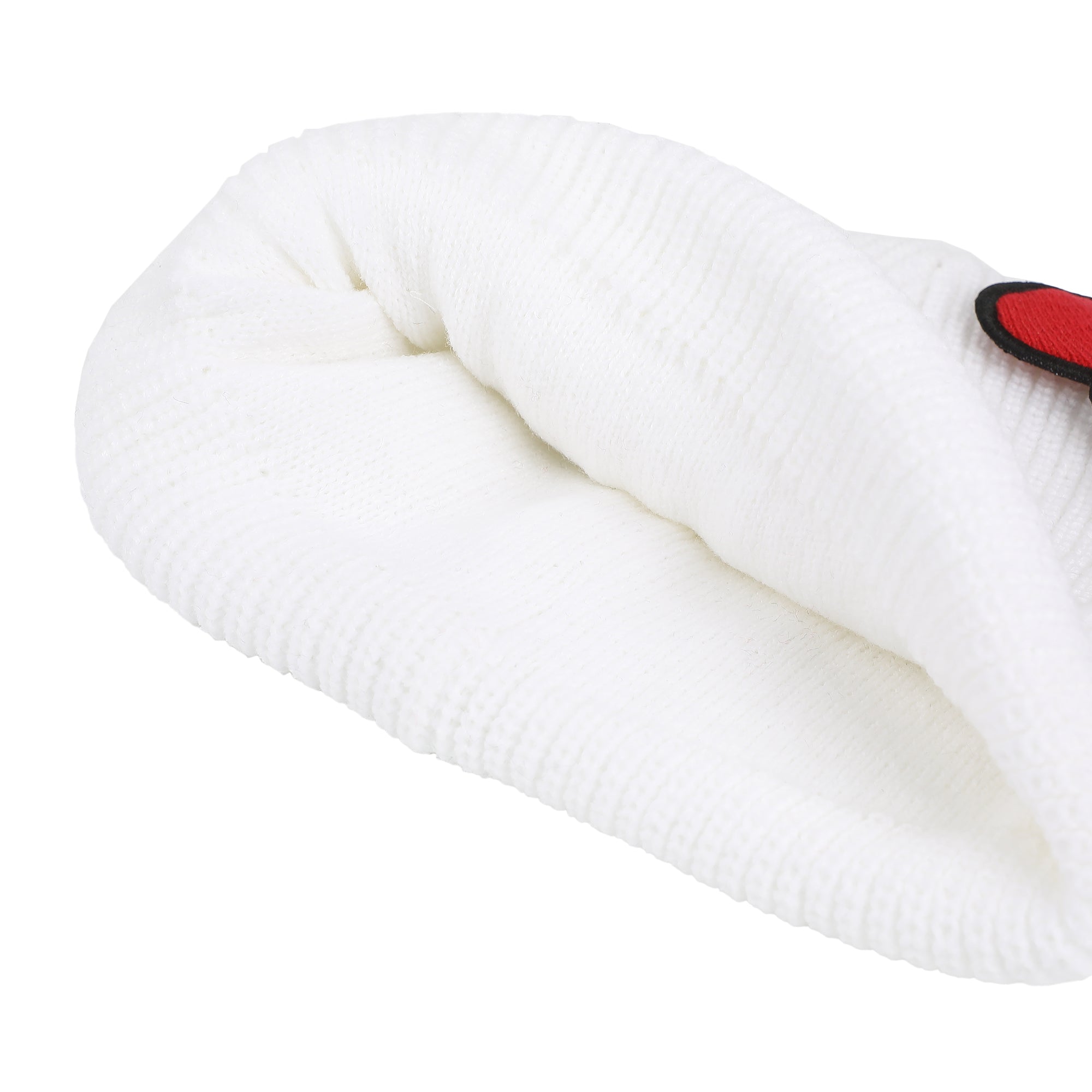 Hello Kitty Novelty Ear White Acrylic Beanie With Cut Fabric Bow With Embroidery And Red Woven Label Cuff Beanie