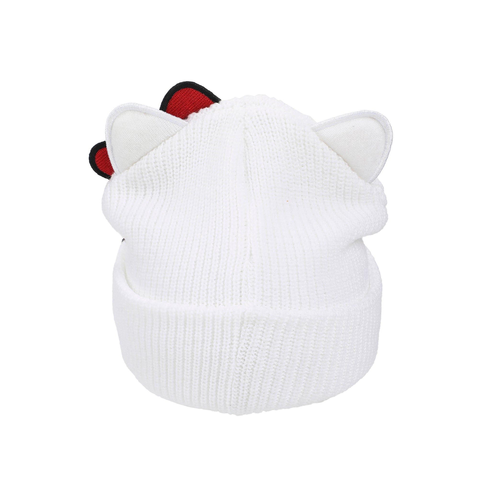Hello Kitty Novelty Ear White Acrylic Beanie With Cut Fabric Bow With Embroidery And Red Woven Label Cuff Beanie