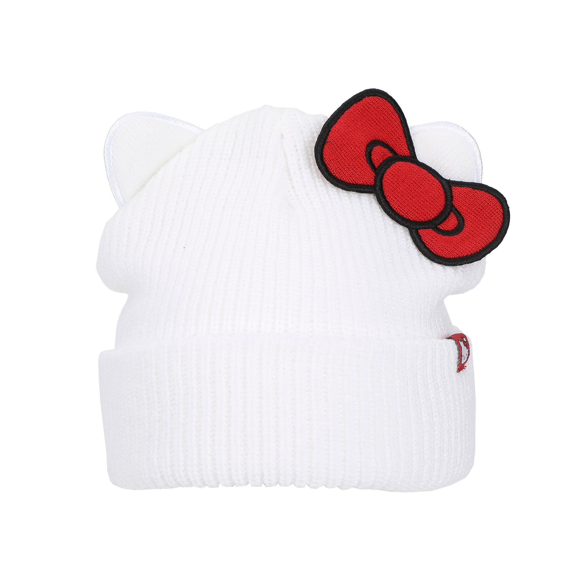 Hello Kitty Novelty Ear White Acrylic Beanie With Cut Fabric Bow With Embroidery And Red Woven Label Cuff Beanie
