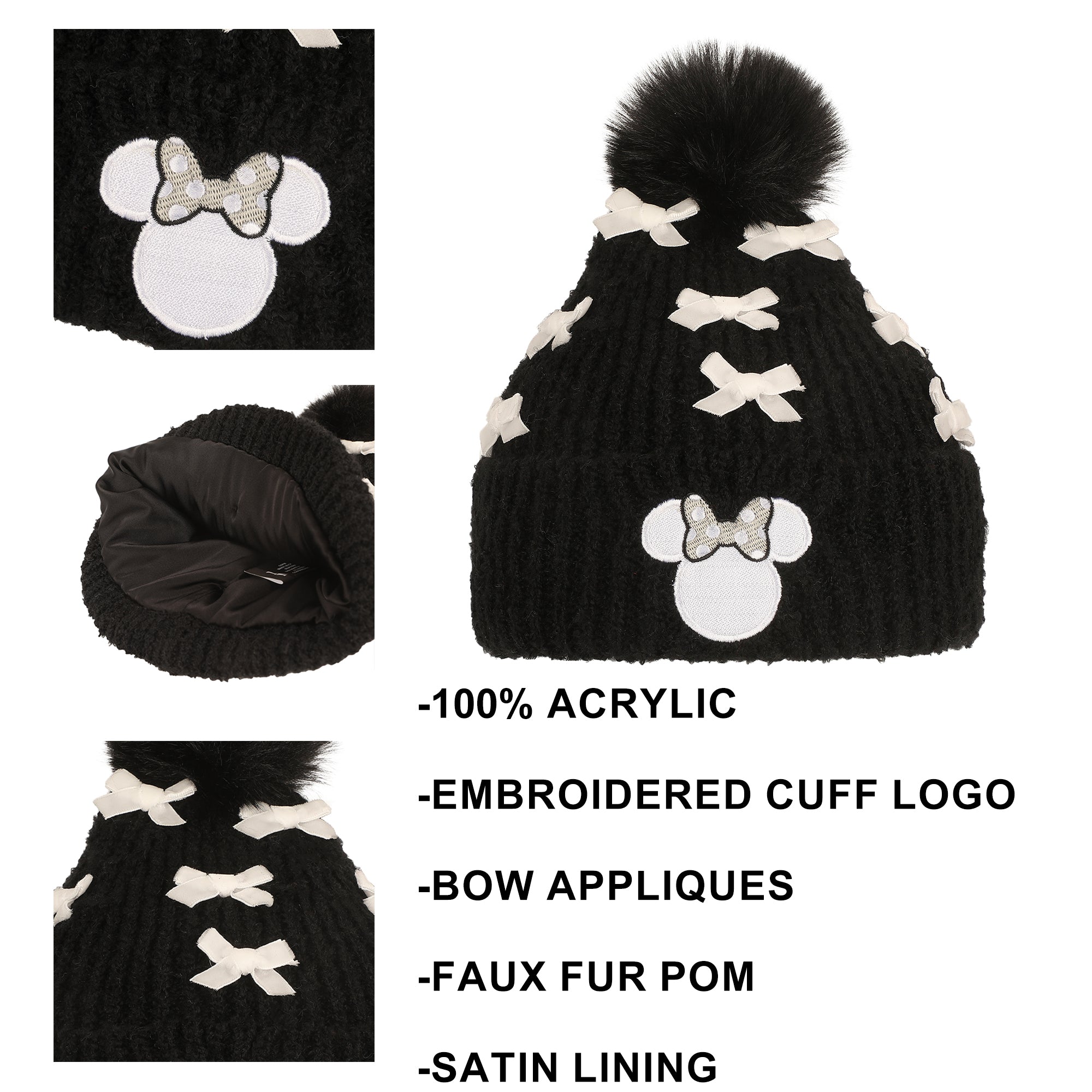 Disney Minnie Mouse Character Ears & Bow Appliques Black Cuff Beanie