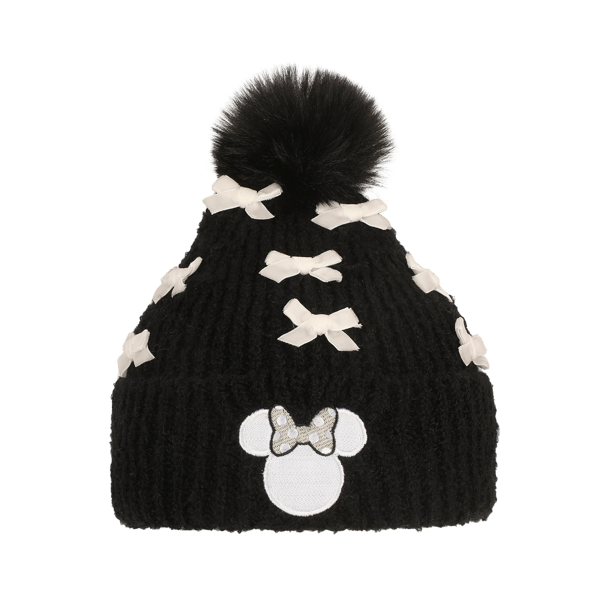 Disney Minnie Mouse Character Ears & Bow Appliques Black Cuff Beanie