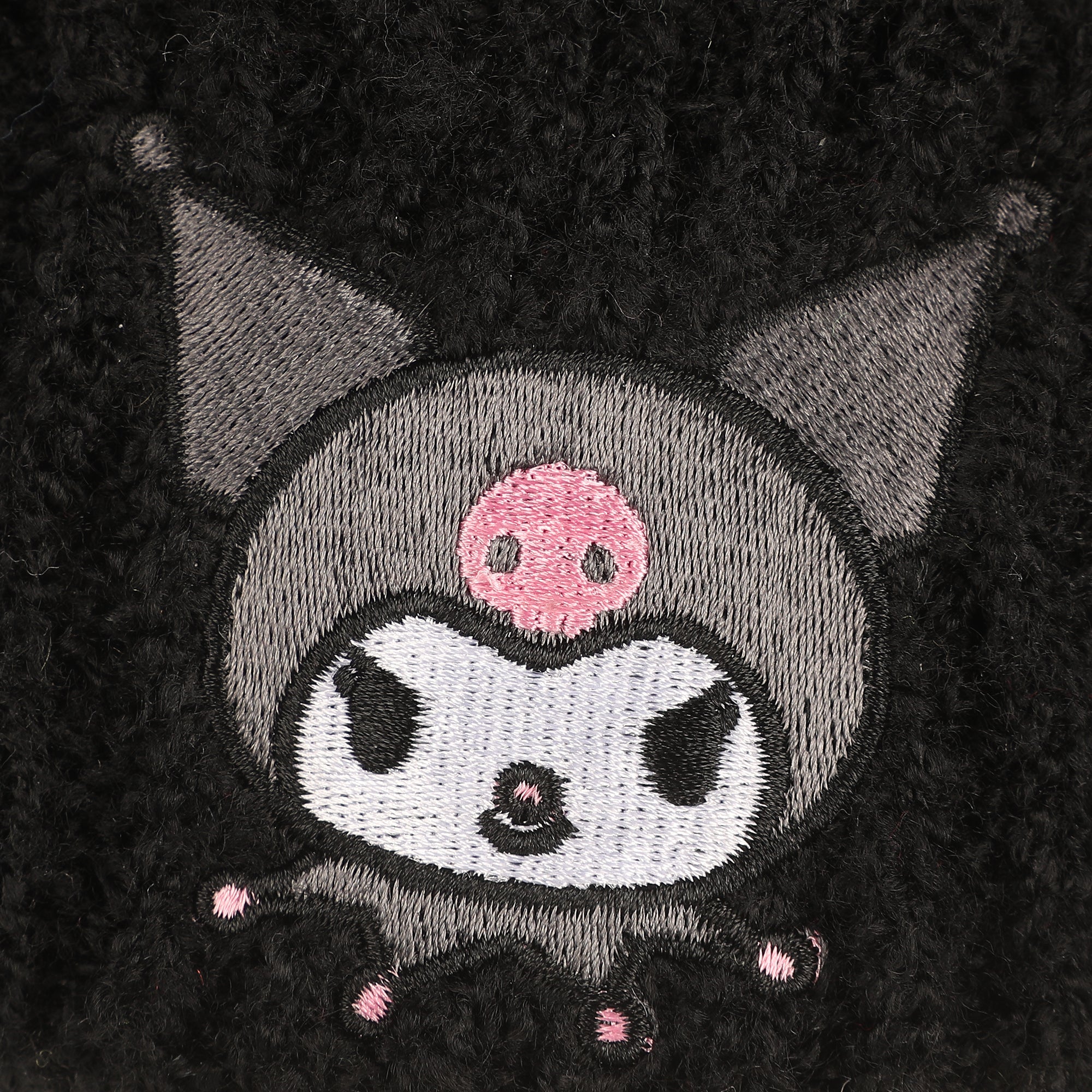 Kuromi Pearls Adult Black Cuffed Knit Beanie With Pink Pom