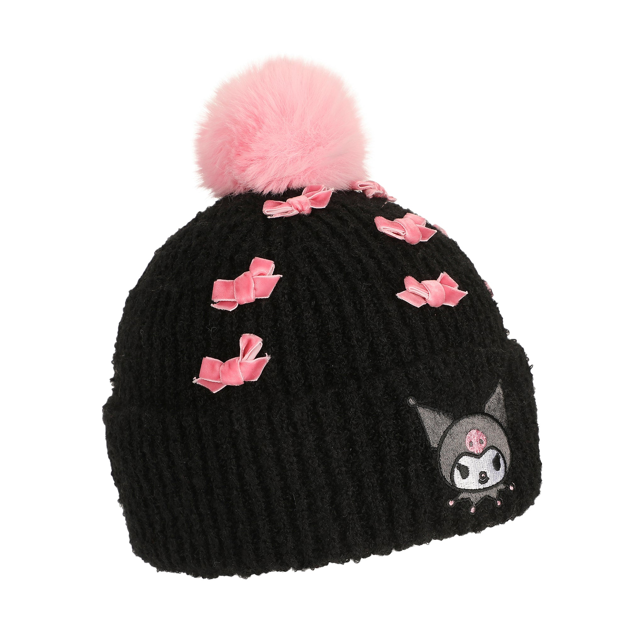 Kuromi Pearls Adult Black Cuffed Knit Beanie With Pink Pom