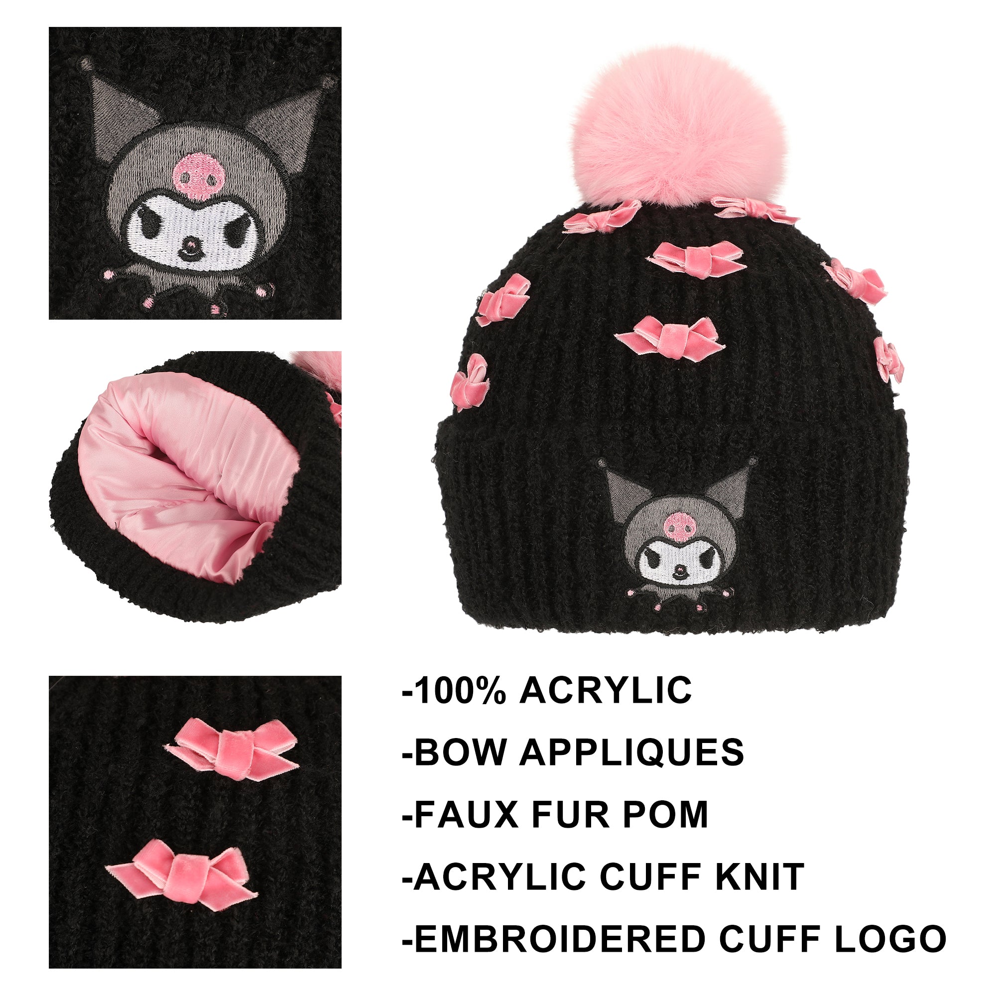Kuromi Pearls Adult Black Cuffed Knit Beanie With Pink Pom