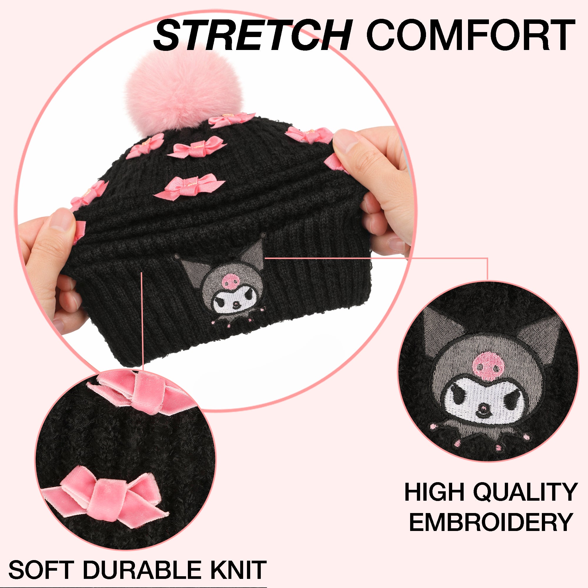 Kuromi Pearls Adult Black Cuffed Knit Beanie With Pink Pom – Bioworld