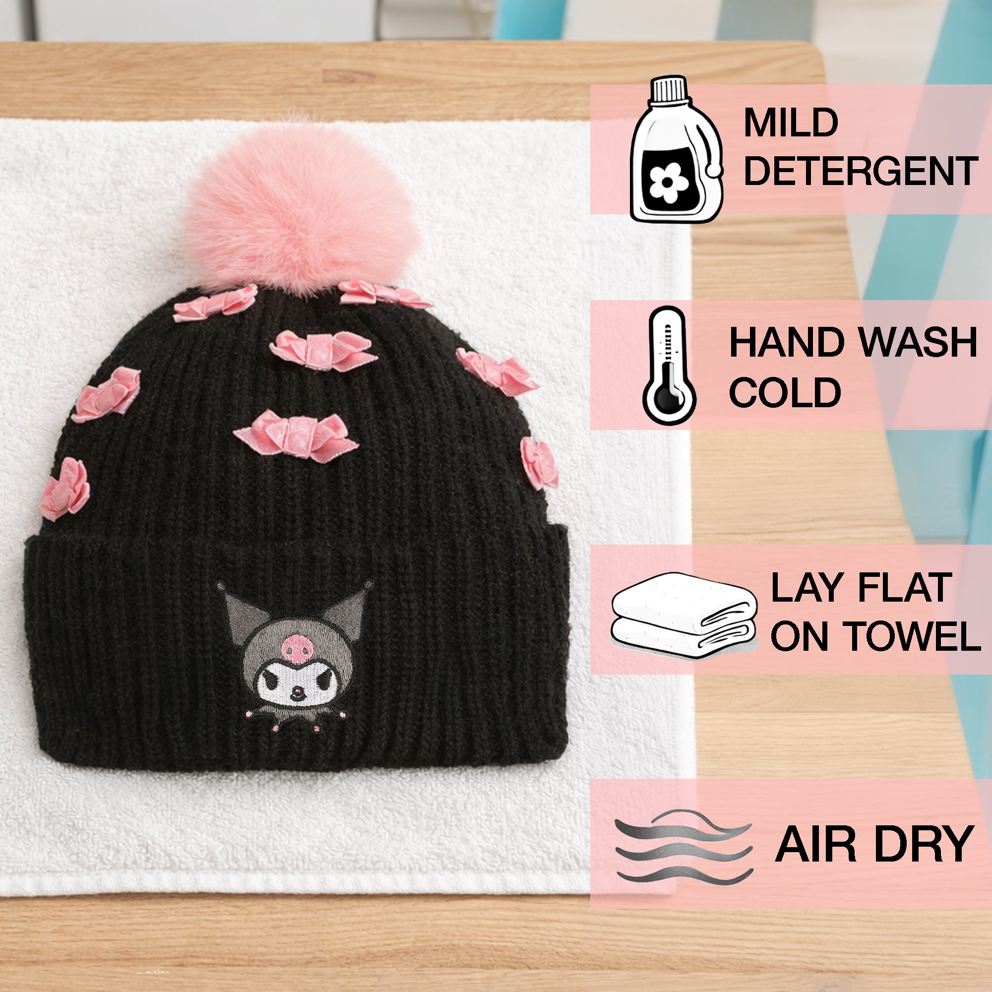 Kuromi Pearls Adult Black Cuffed Knit Beanie With Pink Pom – Bioworld