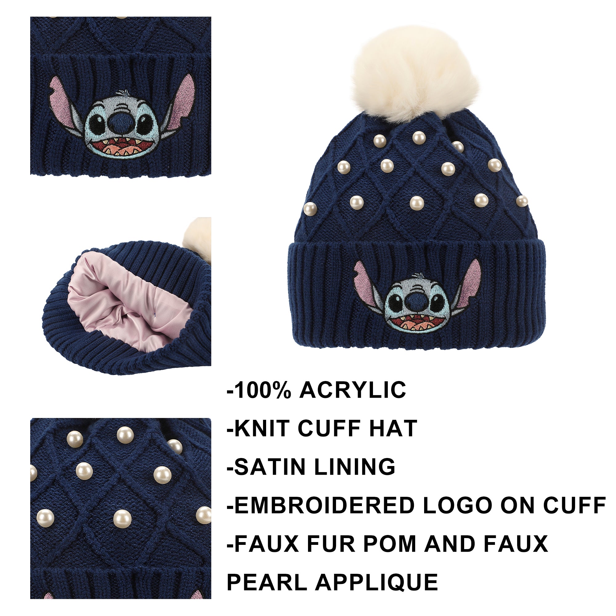 Disney Stitch Character Face & Pearl Appliques Blue Cuff Beanie